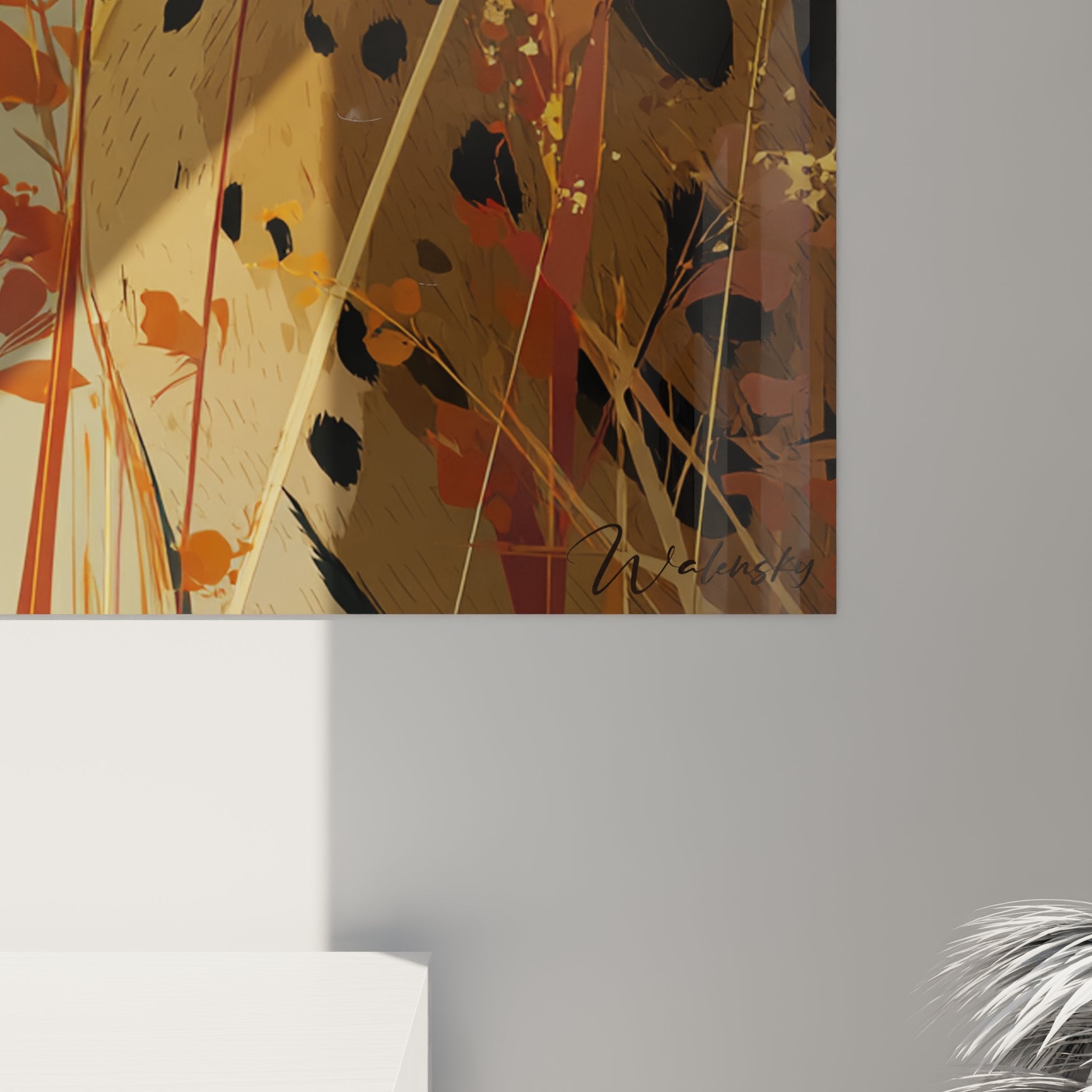 Vue ensemble tableau chat Savannah dans environnement naturel herbes sauvages décoration murale moderne