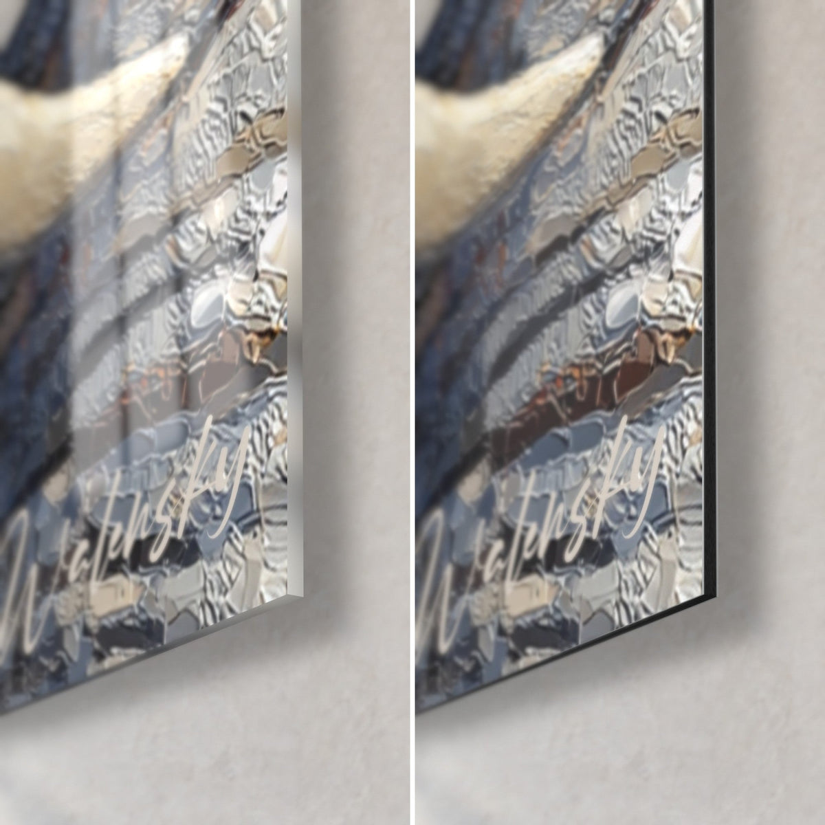 Gemälde Elefantenporträt, untere rechte Ecke: glänzendes Glas mit Spiegelungen links, matt Dibond rechts, 3 mm schwarze Kante