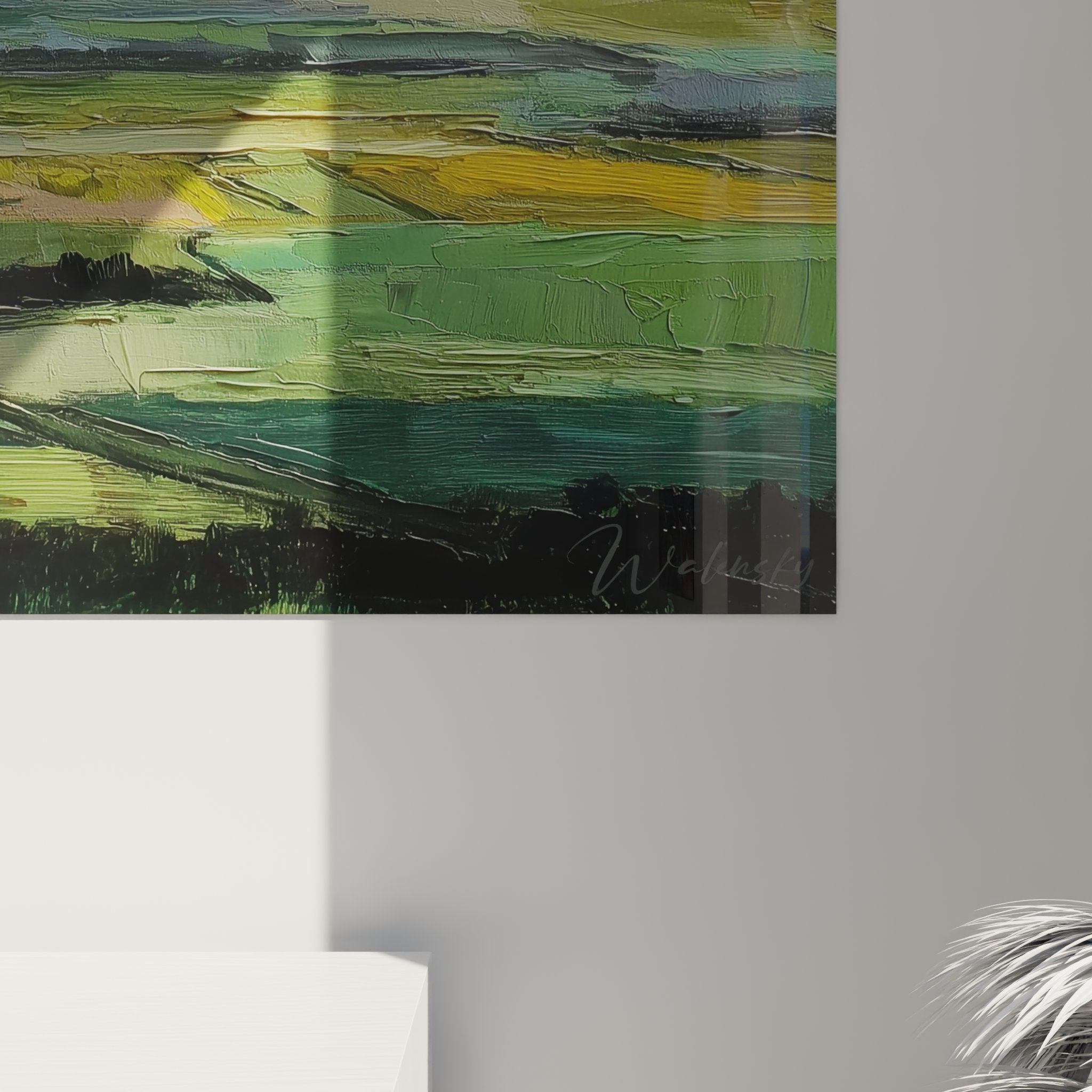 Vista panoramica quadro murale paesaggio normandia appeso al muro, cielo tempestoso e campagna verde