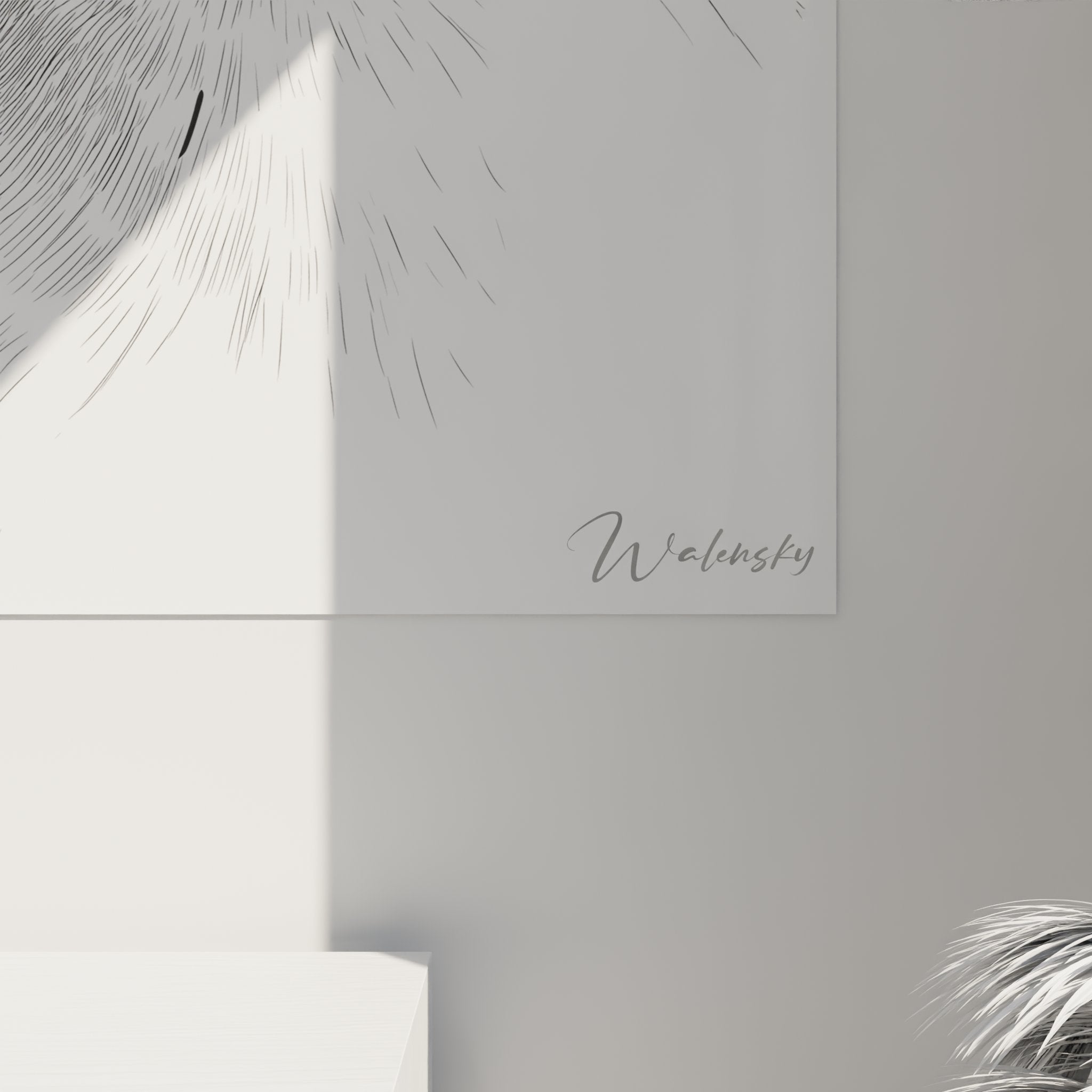 Overall view Abyssinian cat portrait painting, black and white feline wall art in contemporary interior