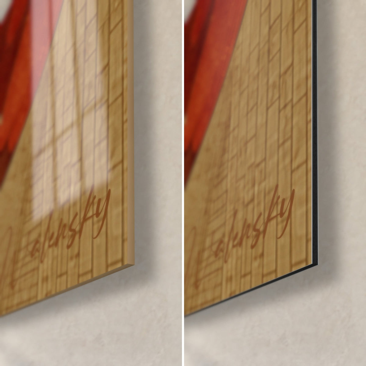 Gemälde Somali-Kater rotbraun, untere rechte Ecke: glänzendes Acrylglas links, matte Dibond-Aluminium rechts, 3 mm schwarze Kante