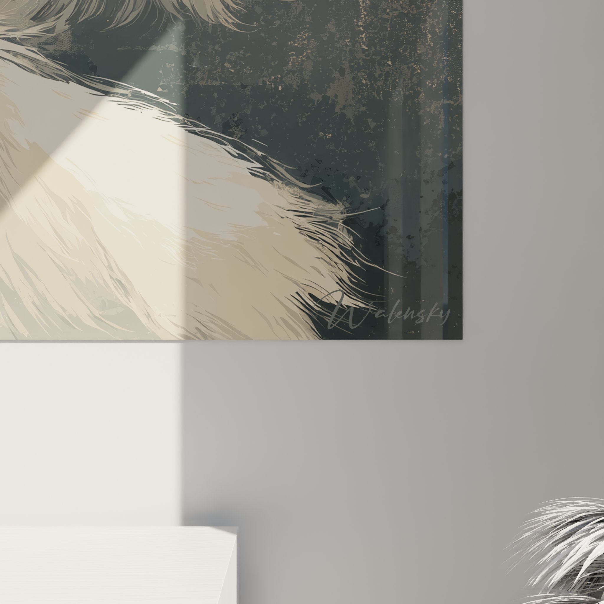 Vista d'insieme quadro gatto Turkish Angora bianco su parete salotto, decorazione murale arte animalista elegante