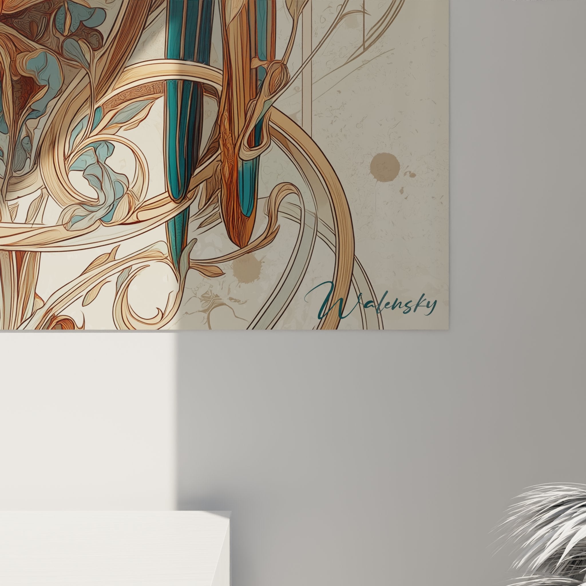 Overview of exotic bird art deco wall painting in modern living room with soft lighting