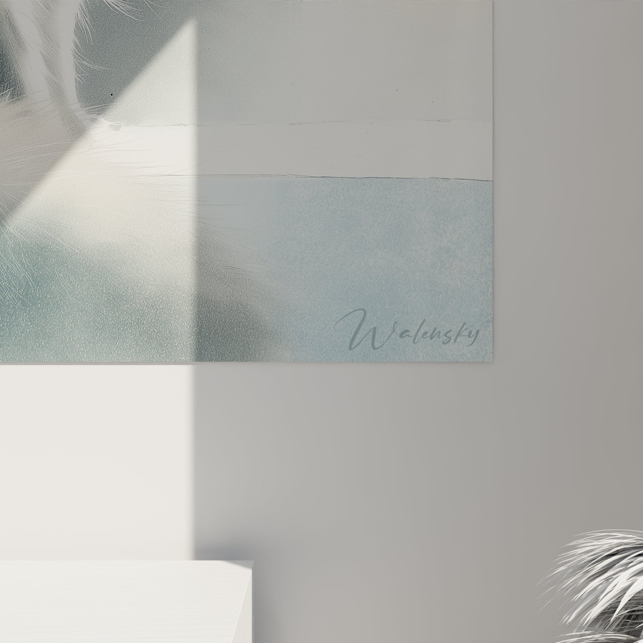 Vue ensemble tableau mural chat sibérien contemplatif décoration intérieure élégante art félin moderne