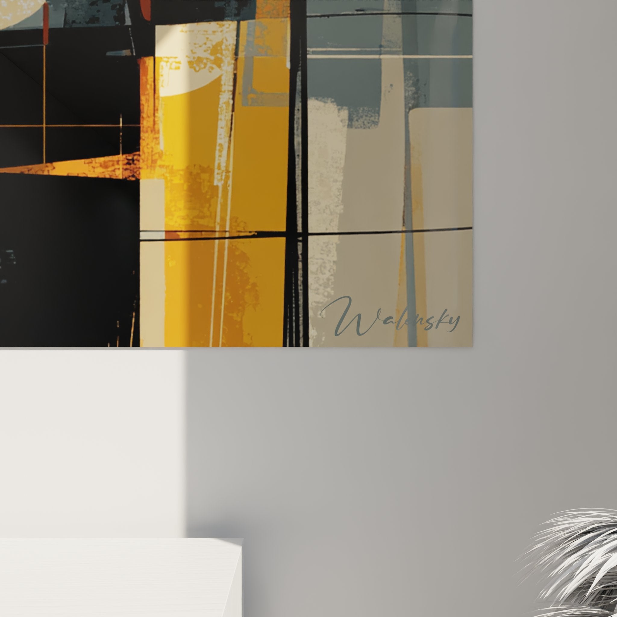 Perspective view abstract geometric wall art with African earth tones interior decoration