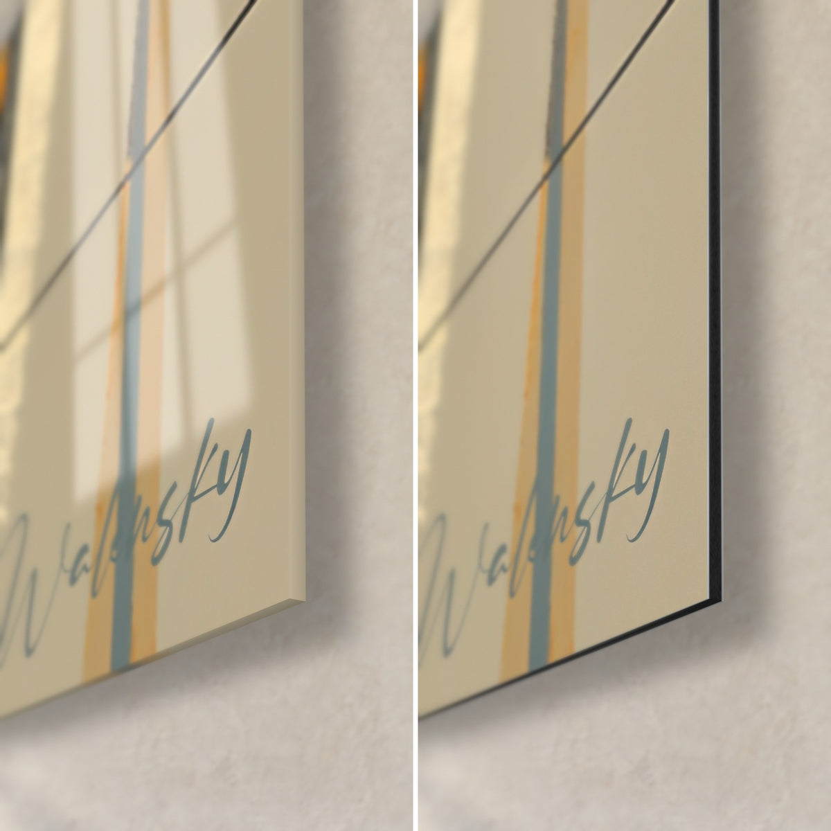 Tableau abstrait aux aplats ocre et crème, coin bas droit : verre brillant à gauche, Dibond mat à droite, tranche de 3 mm