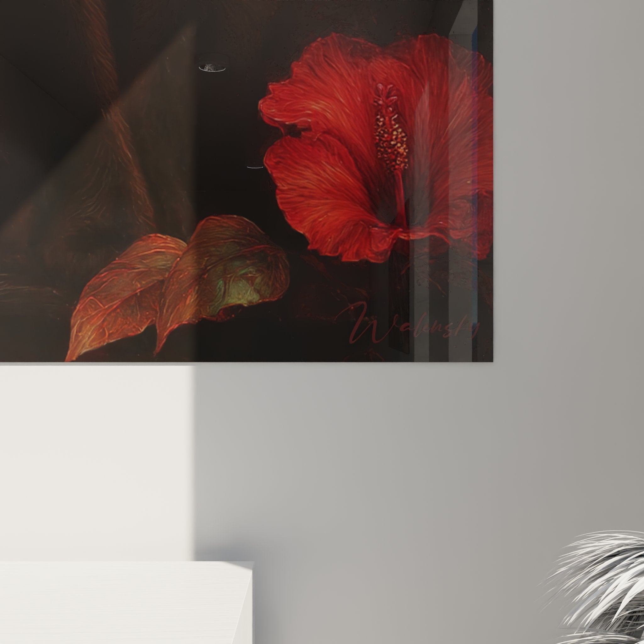 Vue d'ensemble tableau mural chat Balinais hibiscus déco intérieure style tropical élégant