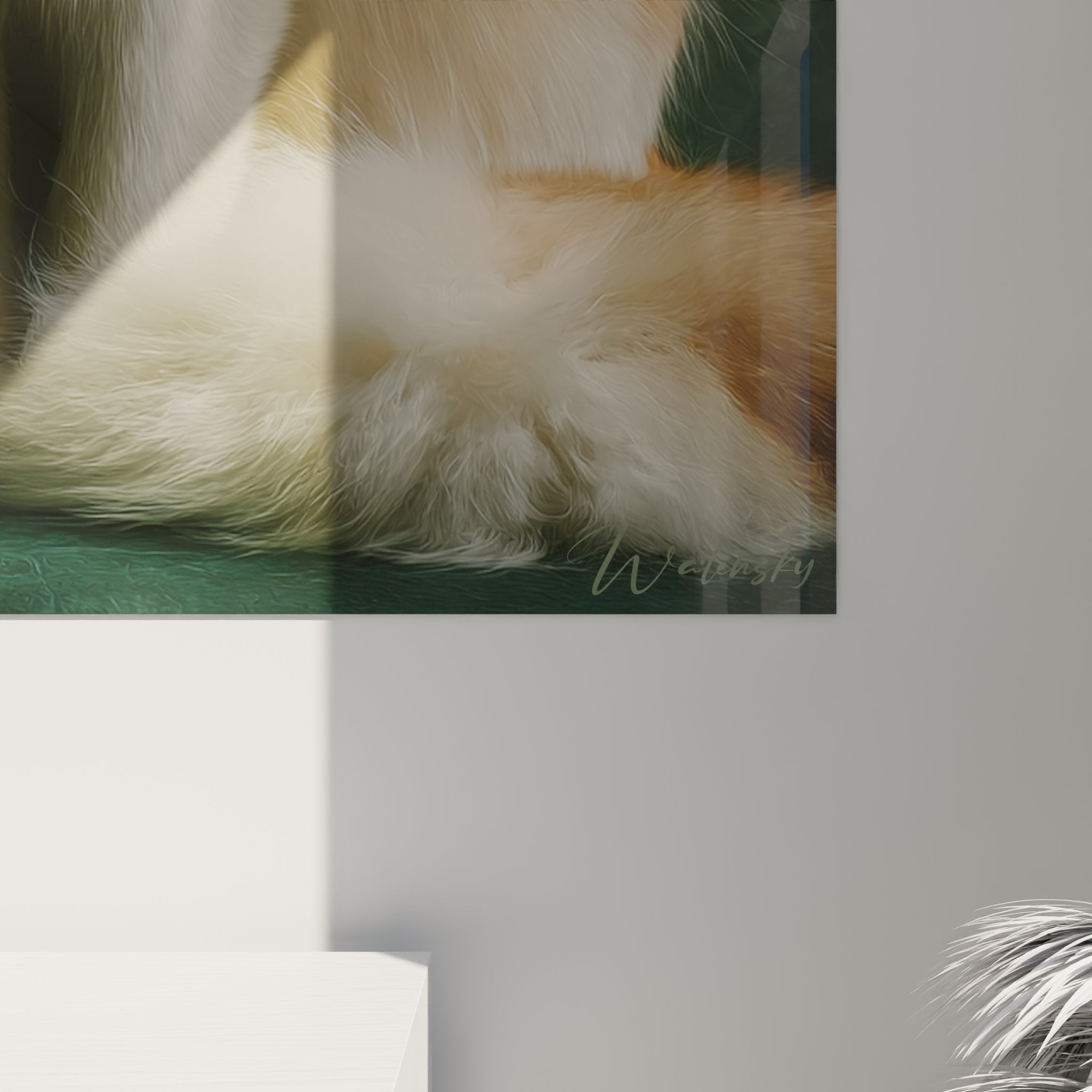 Vue d'ensemble du tableau mural chat Turkish Van intégré dans un intérieur moderne et sophistiqué