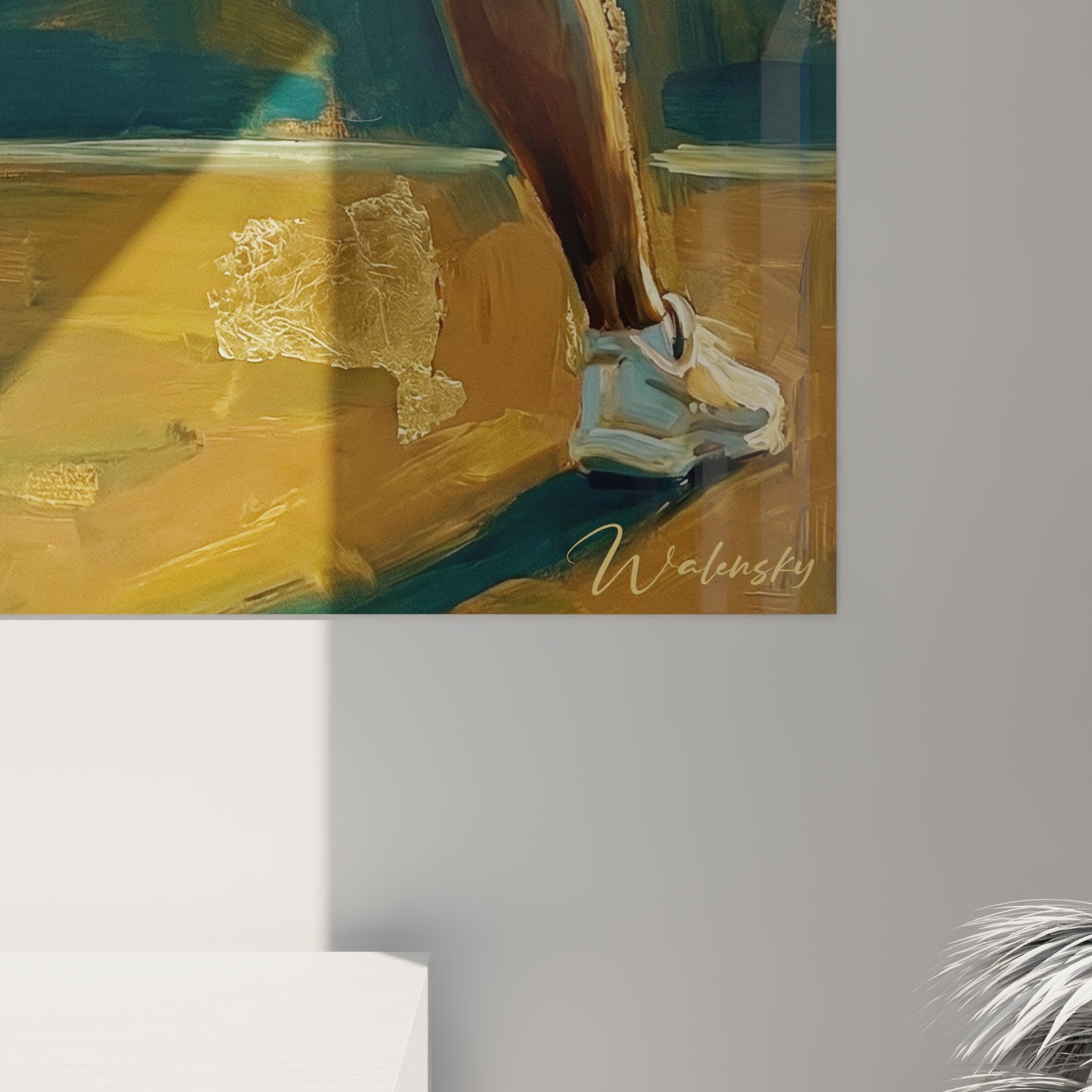 Vue d'ensemble du tableau tennis femme dans un intérieur contemporain, art mural sportif décoratif