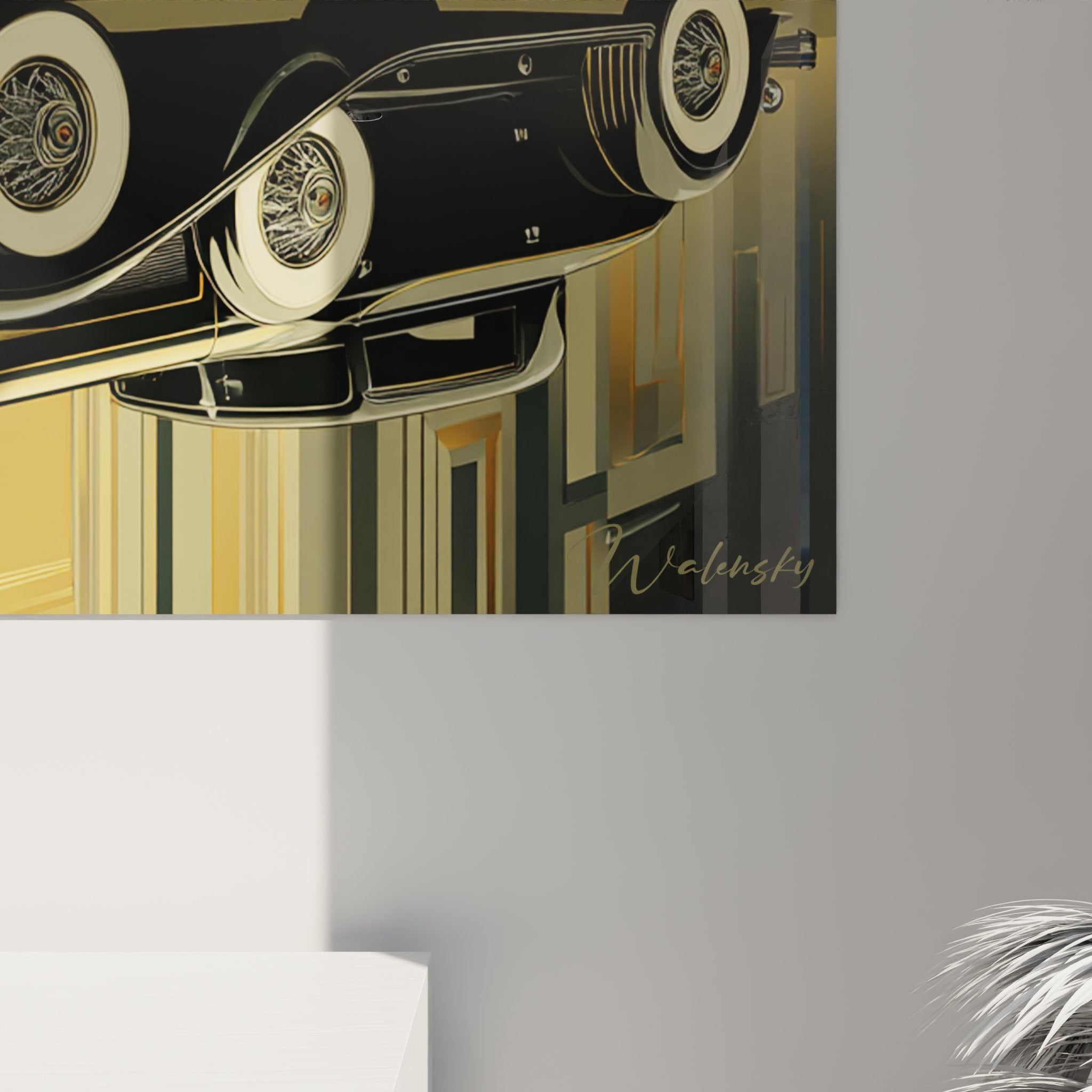 Vue ensemble tableau mural automobile vintage art deco decoration interieur moderne elegant