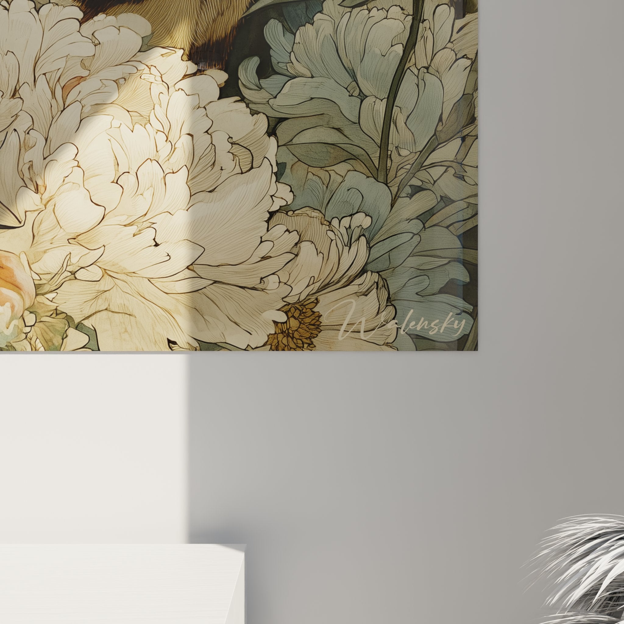 Vue d'ensemble tableau décoratif chat Toyger floral, style artistique contemporain pour intérieur moderne