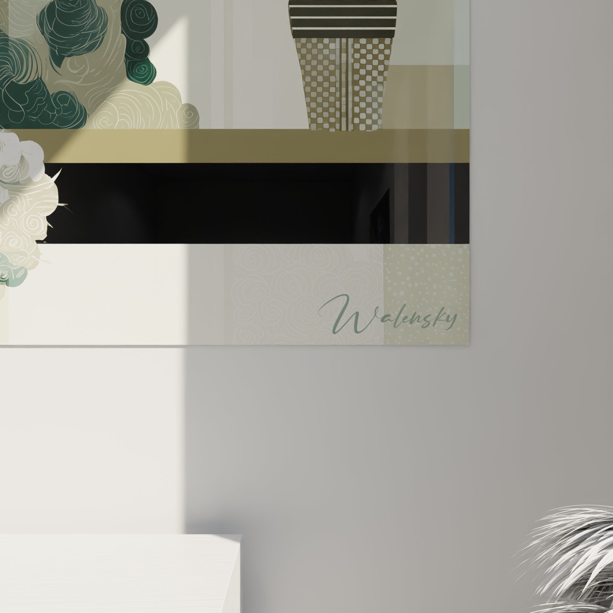 Vue d'ensemble tableau mural Selkirk Rex composition géométrique moderne feuilles tropicales design intérieur