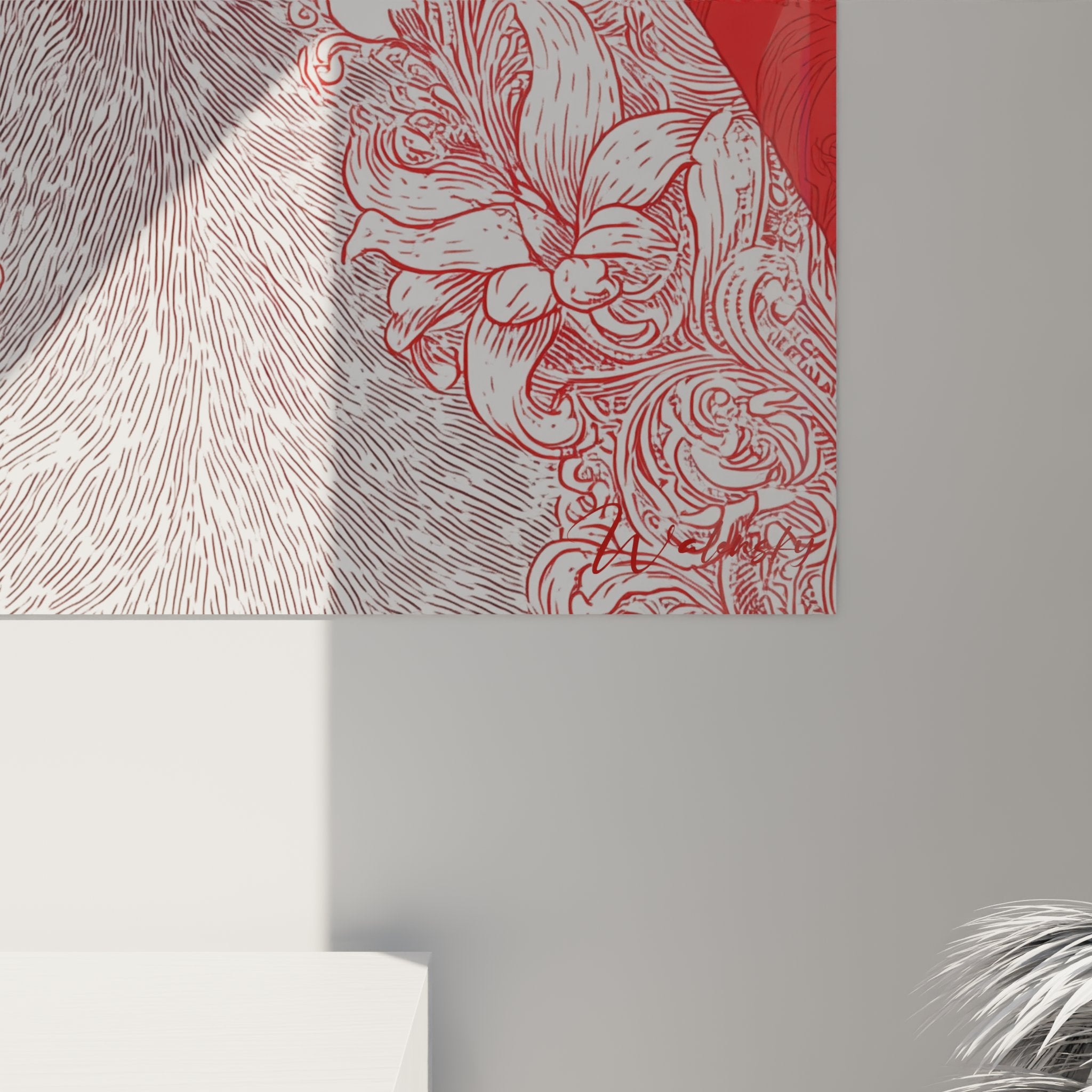 Vista generale quadro murale gatto Cornish Rex rosso, opera d'arte felina per decorazione contemporanea