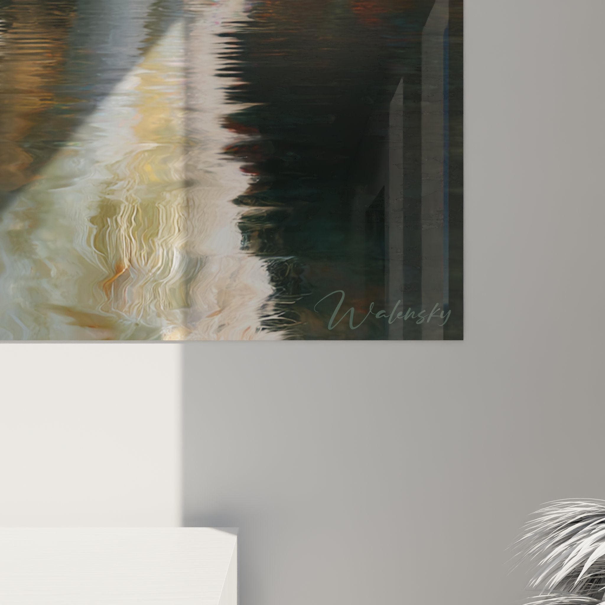 Vue d'ensemble tableau Turkish Van lumineux, chat contemplatif au bord de l'eau, art decoratif