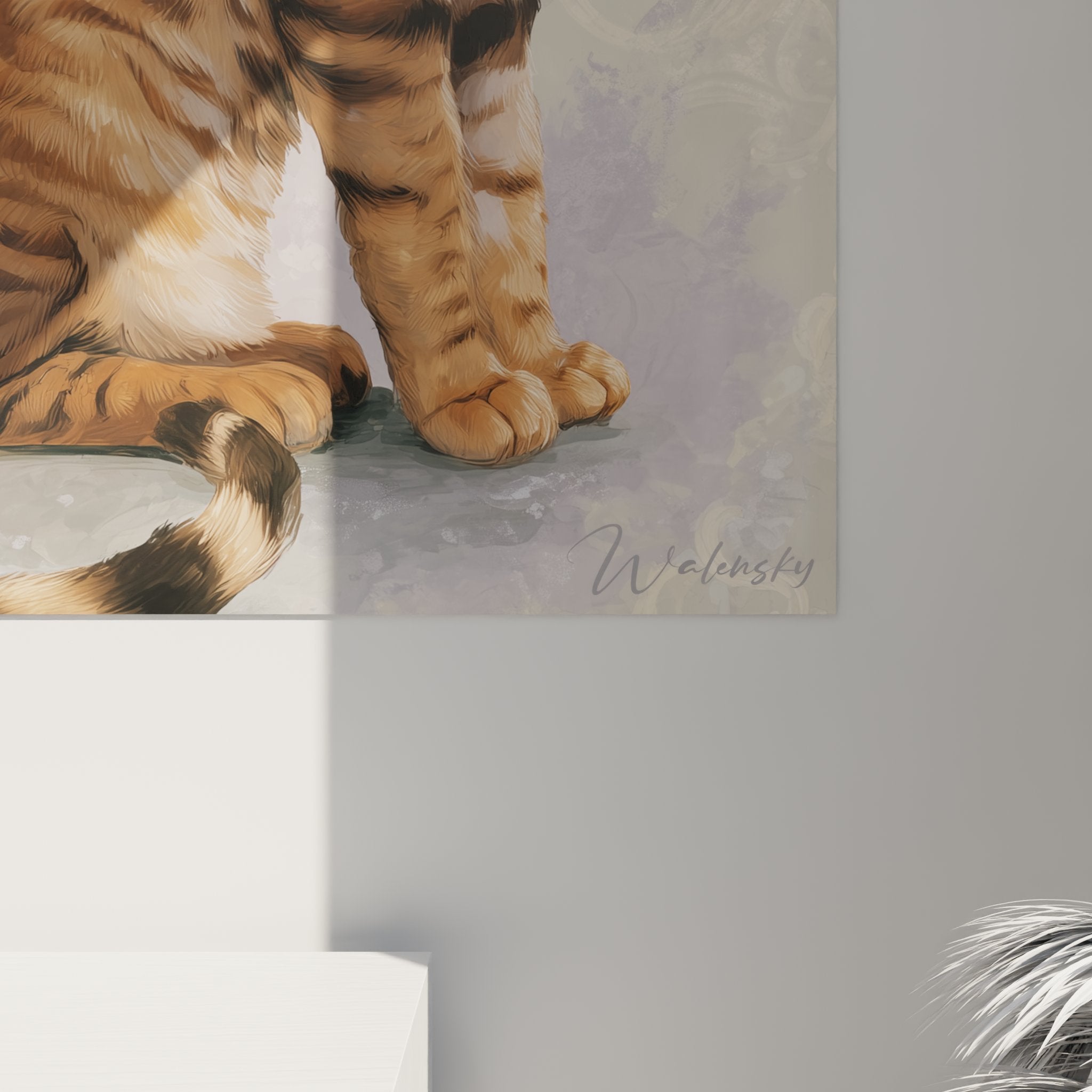 Übersichtsansicht des Toyger-Katzengemäldes in einem Innenraum, das seine warmen Farben und seinen dekorativen Stil hervorhebt