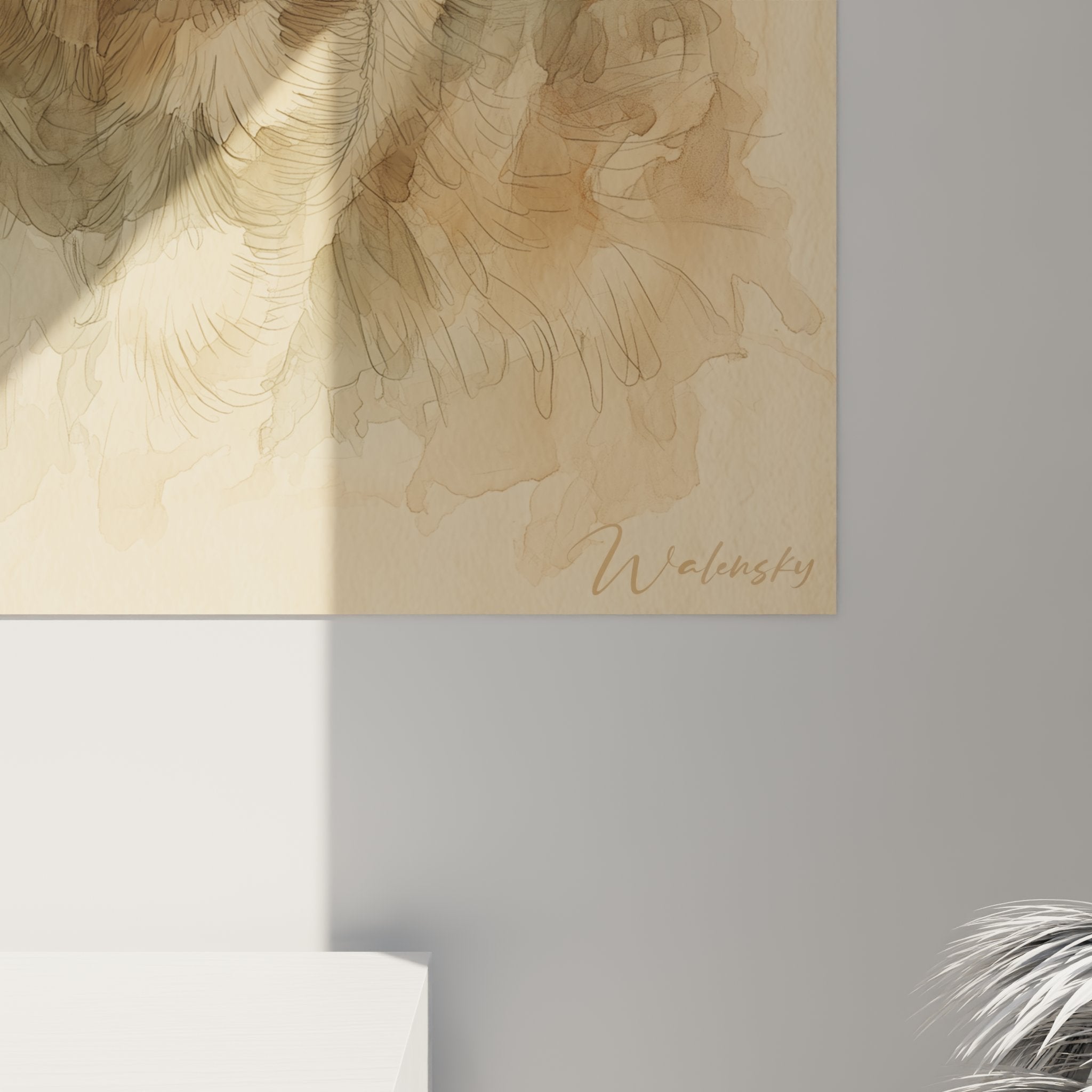 Vue perspective tableau mural chat Sokoke style aquarelle, art félin décoratif tons neutres chauds