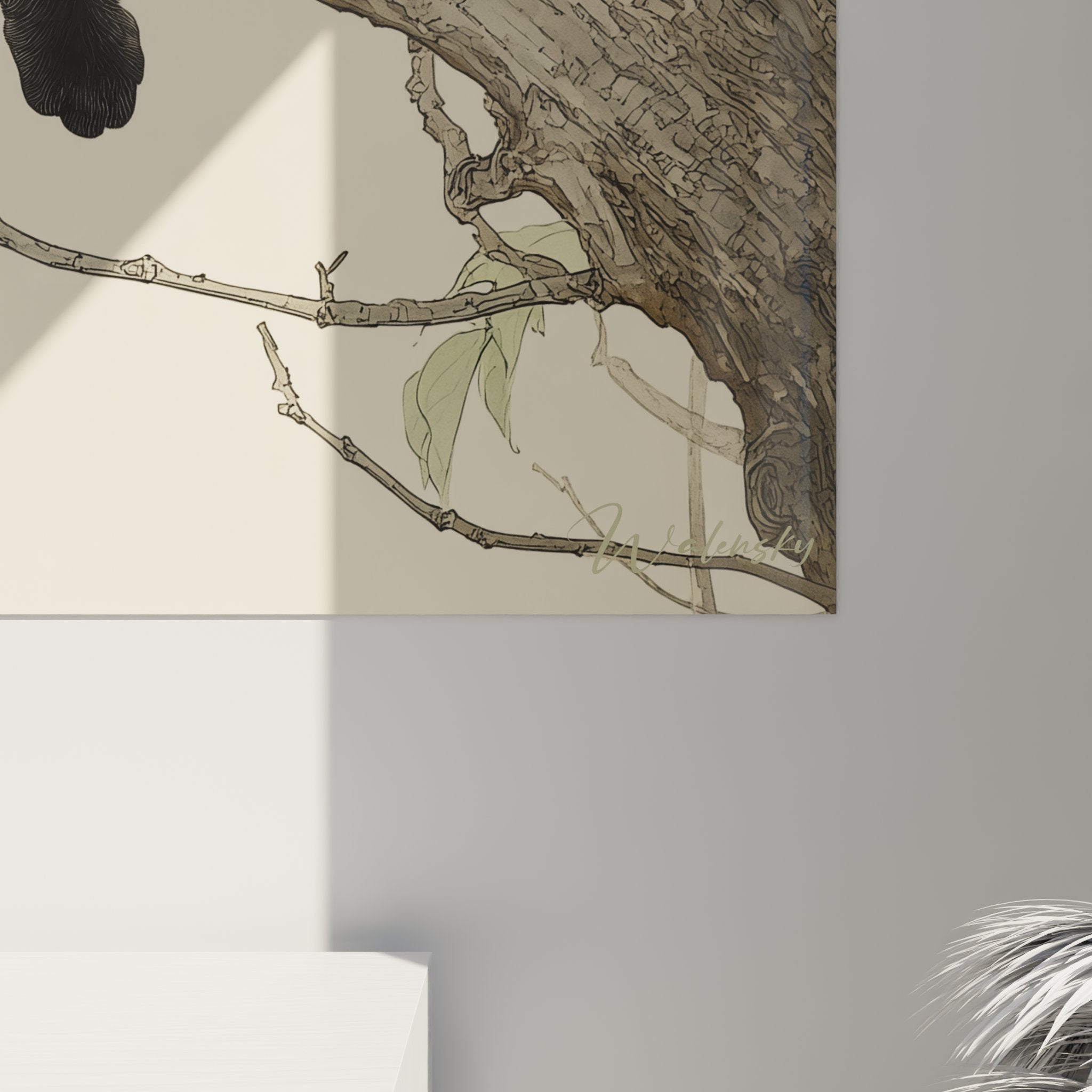 Vue ensemble tableau chat noir branche oranger decoration interieure style japonais art mural