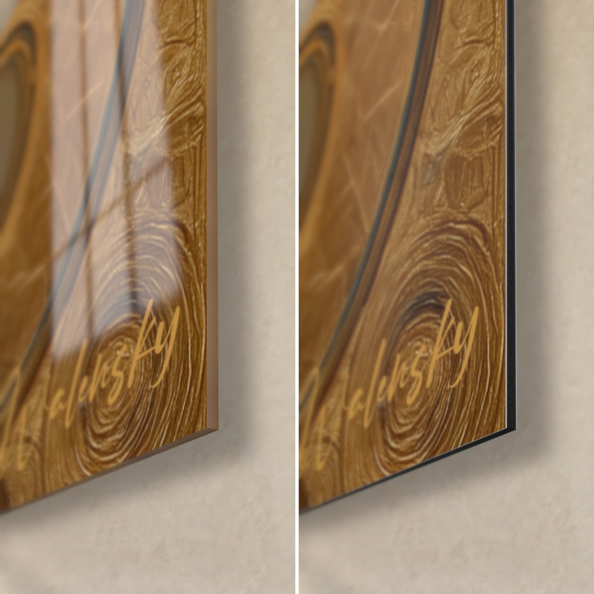 Gemälde einer Art-déco-Frau mit goldenen Spiralen, signiert Walensky, untere rechte Ecke aus glänzendem Glas und mattem Dibond-Alu, 3 mm Stärke