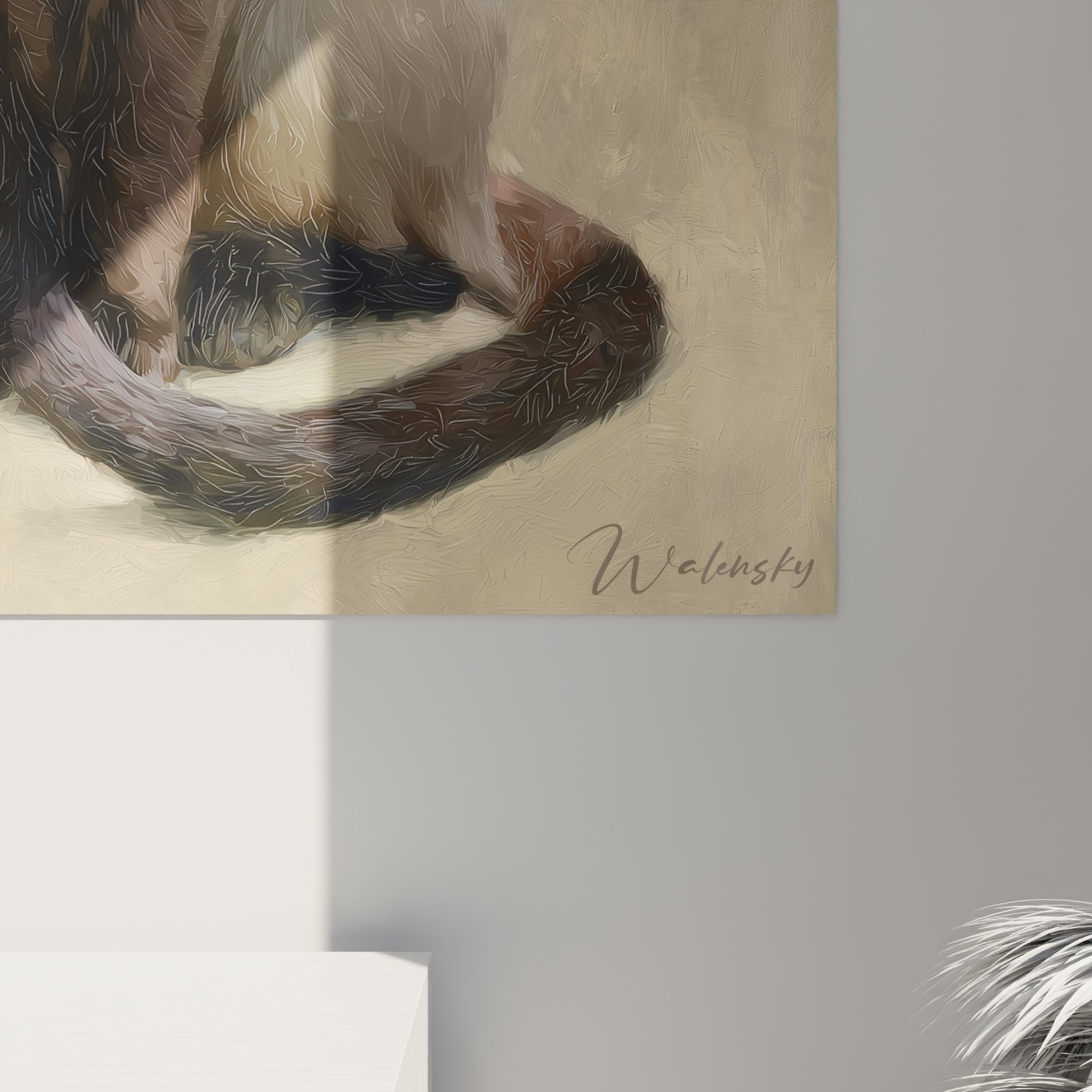 Vista d'insieme quadro gatto siamese murale decorazione interna stile contemporaneo