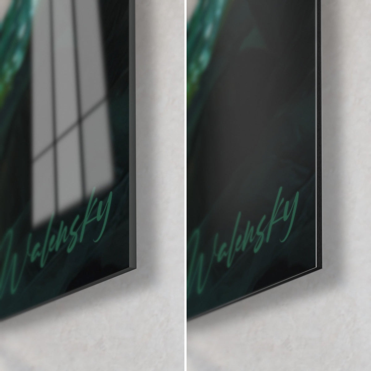 Gemälde Wildkatze getigert, Ecke unten rechts aus glänzendem Acrylglas links und mattschwarzem Dibond rechts, 3 mm Kante