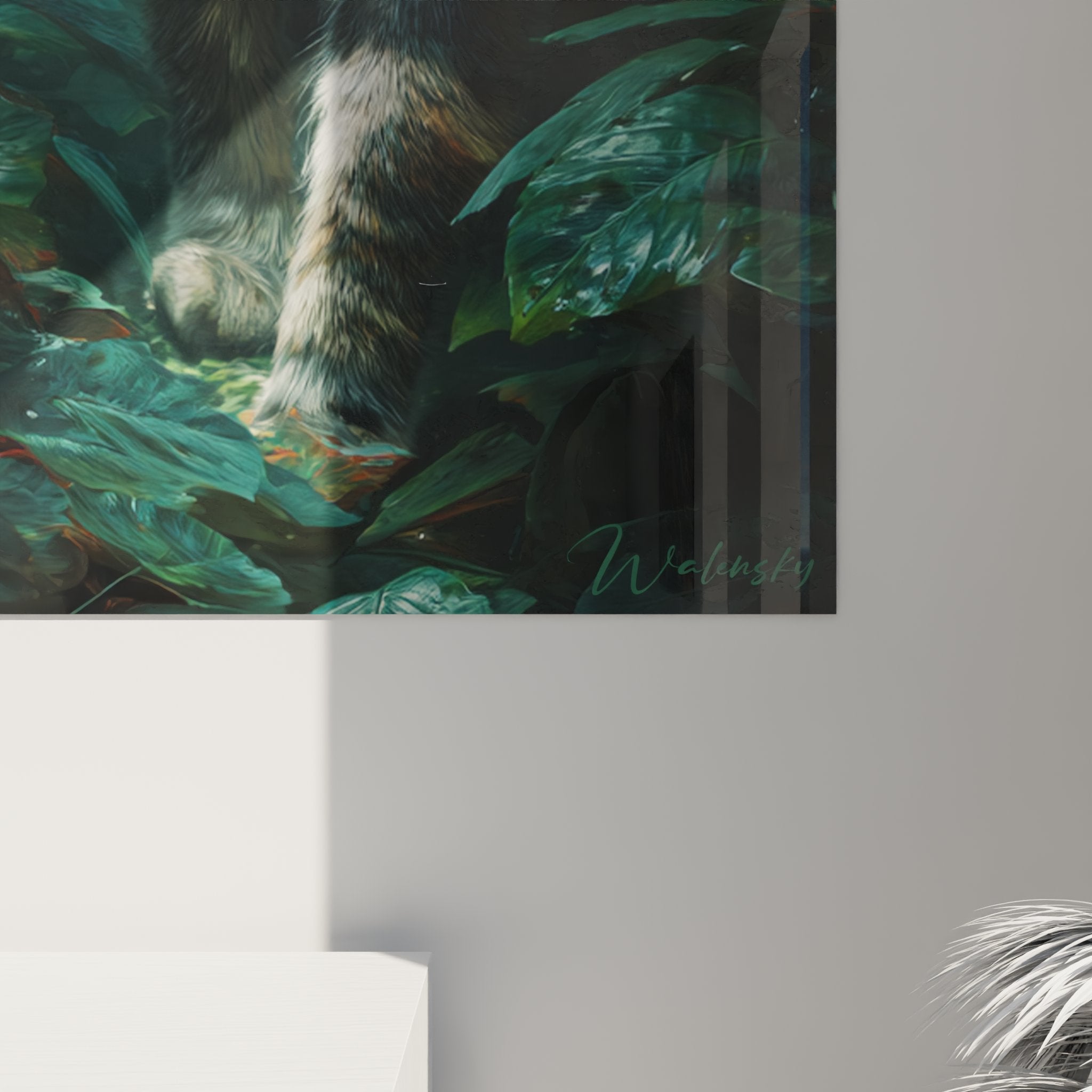 Overview of the contemplative Sokoke cat artwork in a contemporary design interior