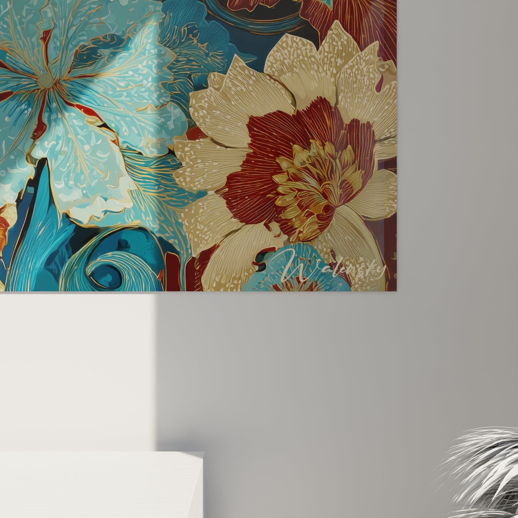 Overview painting white Turkish Angora cat peaceful in turquoise and gold oriental floral decor