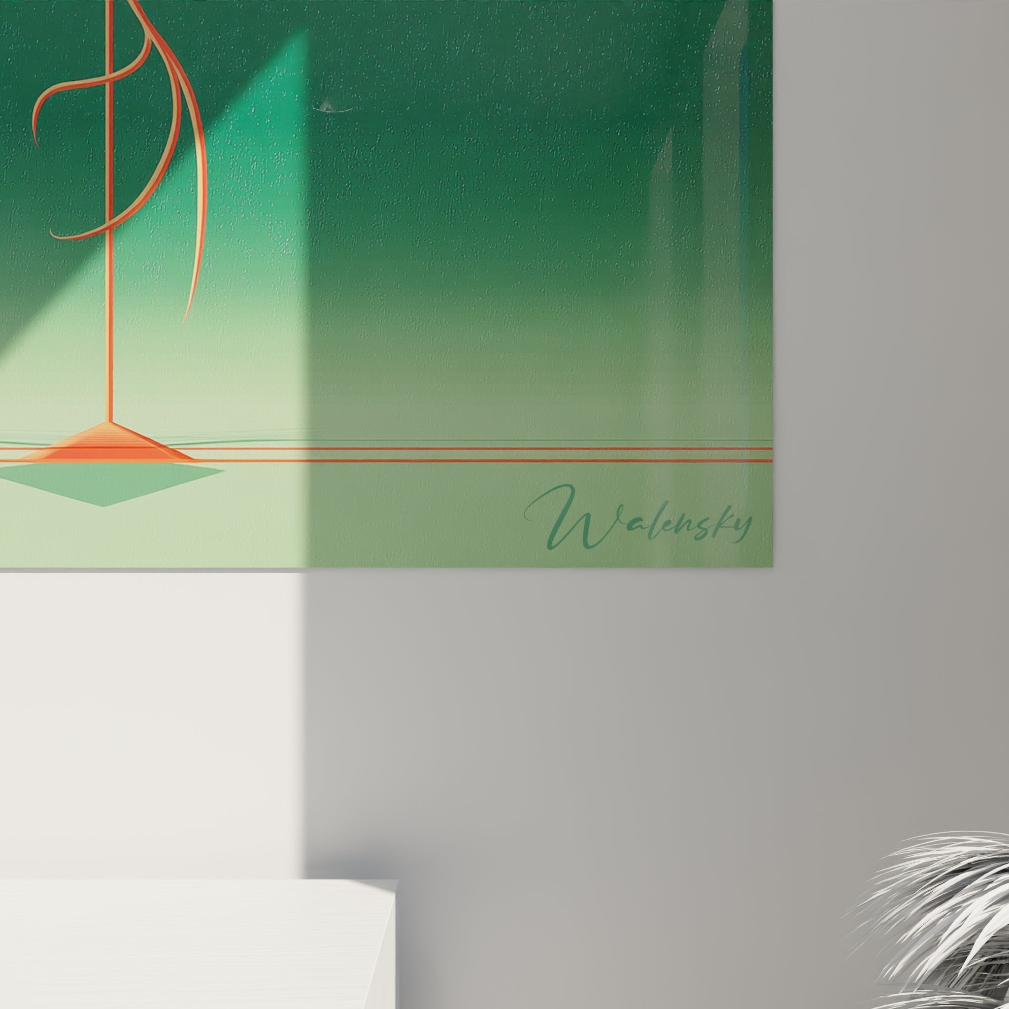 Overview of art deco heron canvas in modern interior, showcasing elegant wall décor