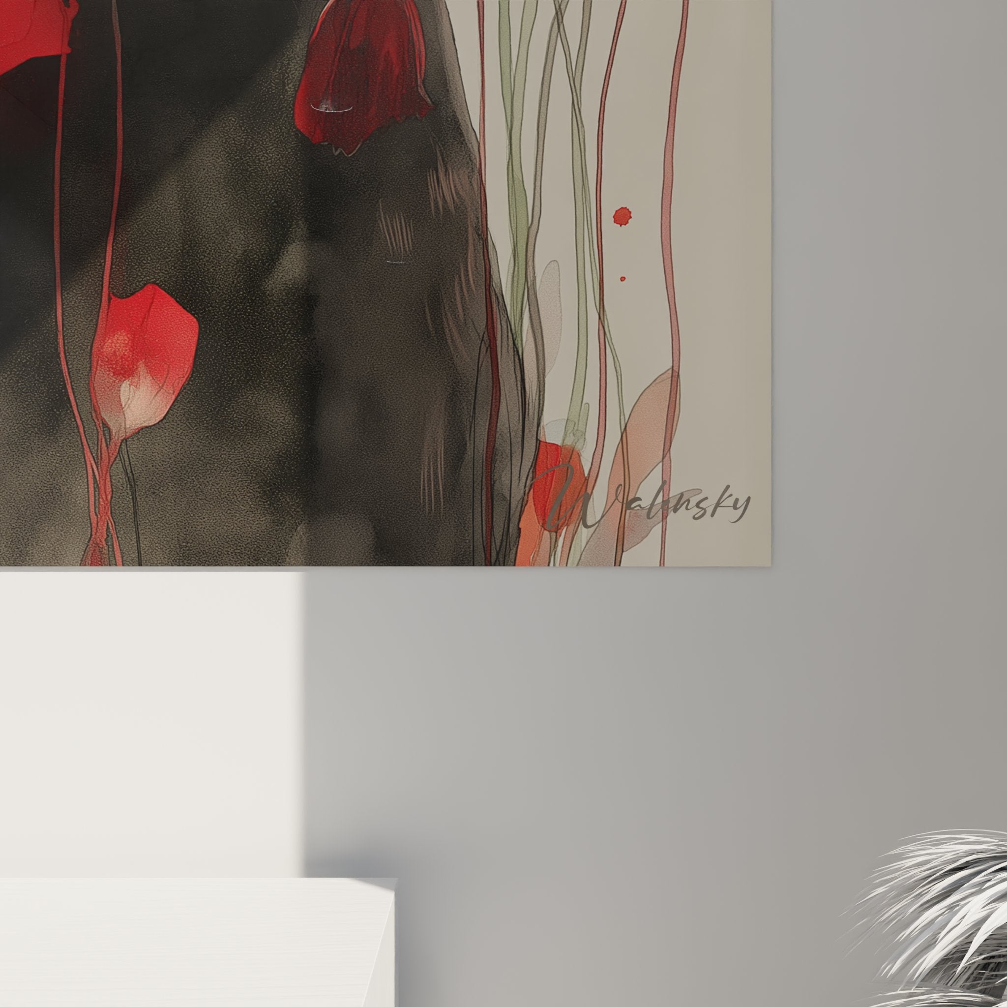 Vue d'ensemble tableau mural chat noir et fleurs rouges, œuvre d'art décorative pour salon ou chambre élégante