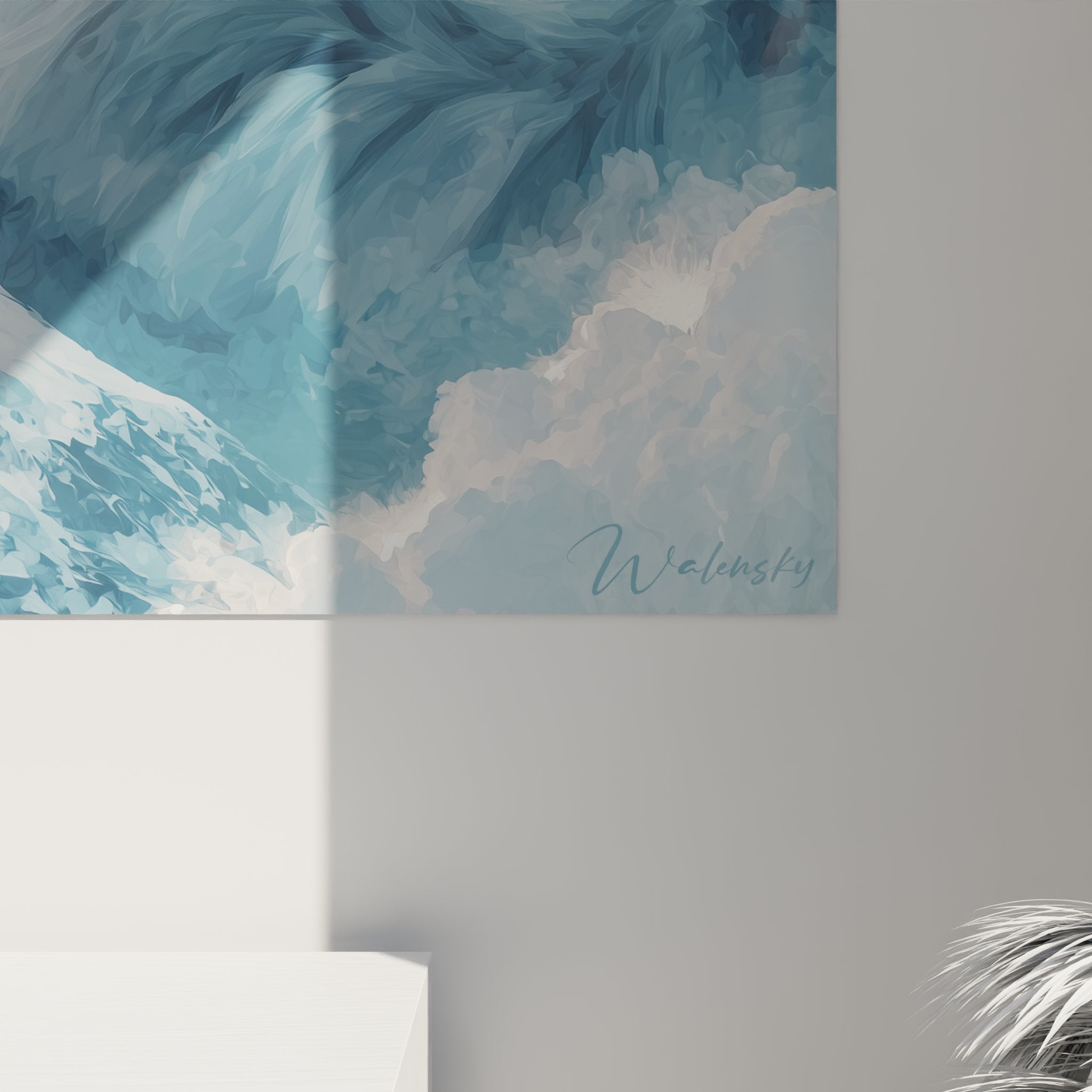 Vue d'ensemble tableau mural chat sibérien - œuvre d'art féline tons bleus et blancs