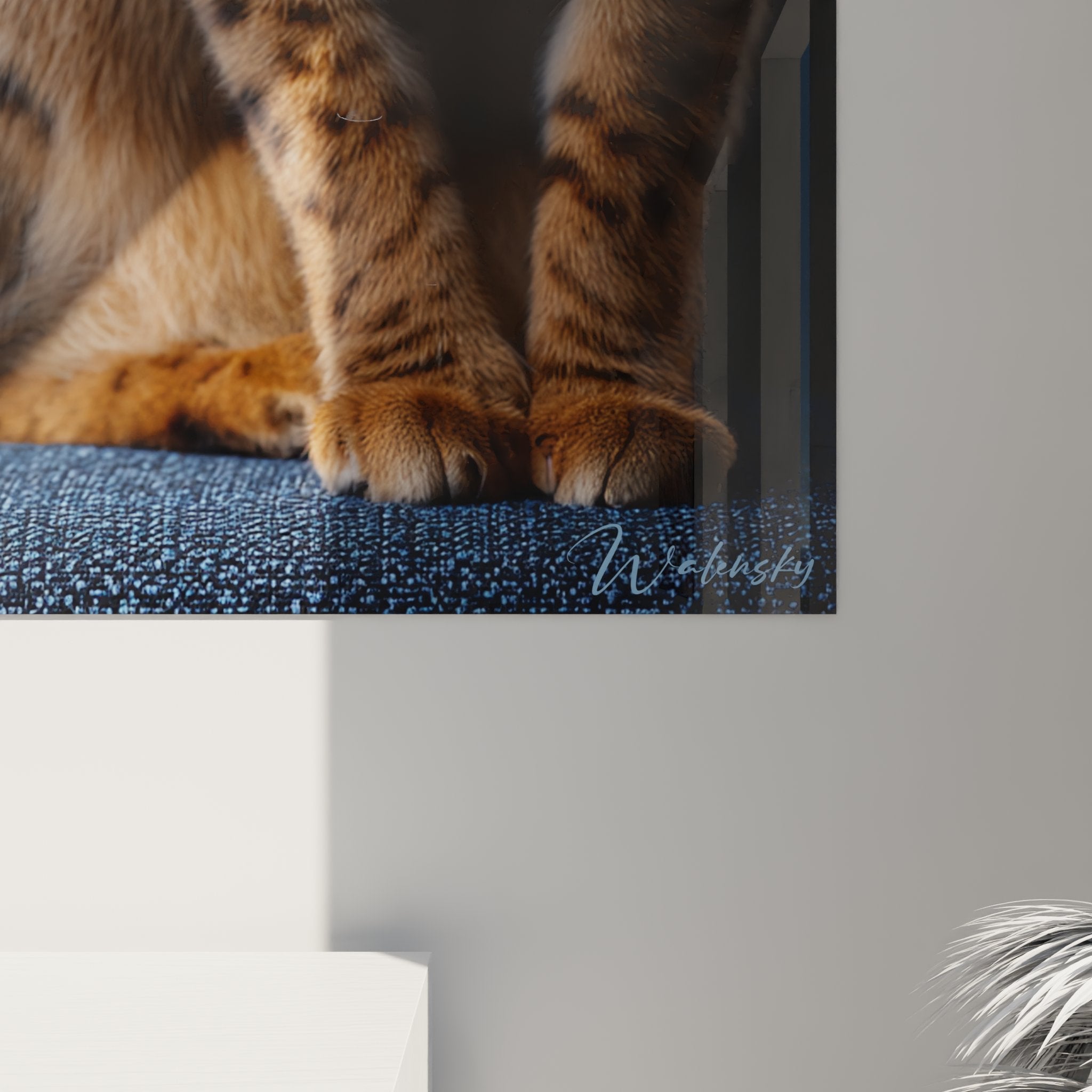 Overview of Toyger cat painting on living room wall interior decoration contemporary style feline art