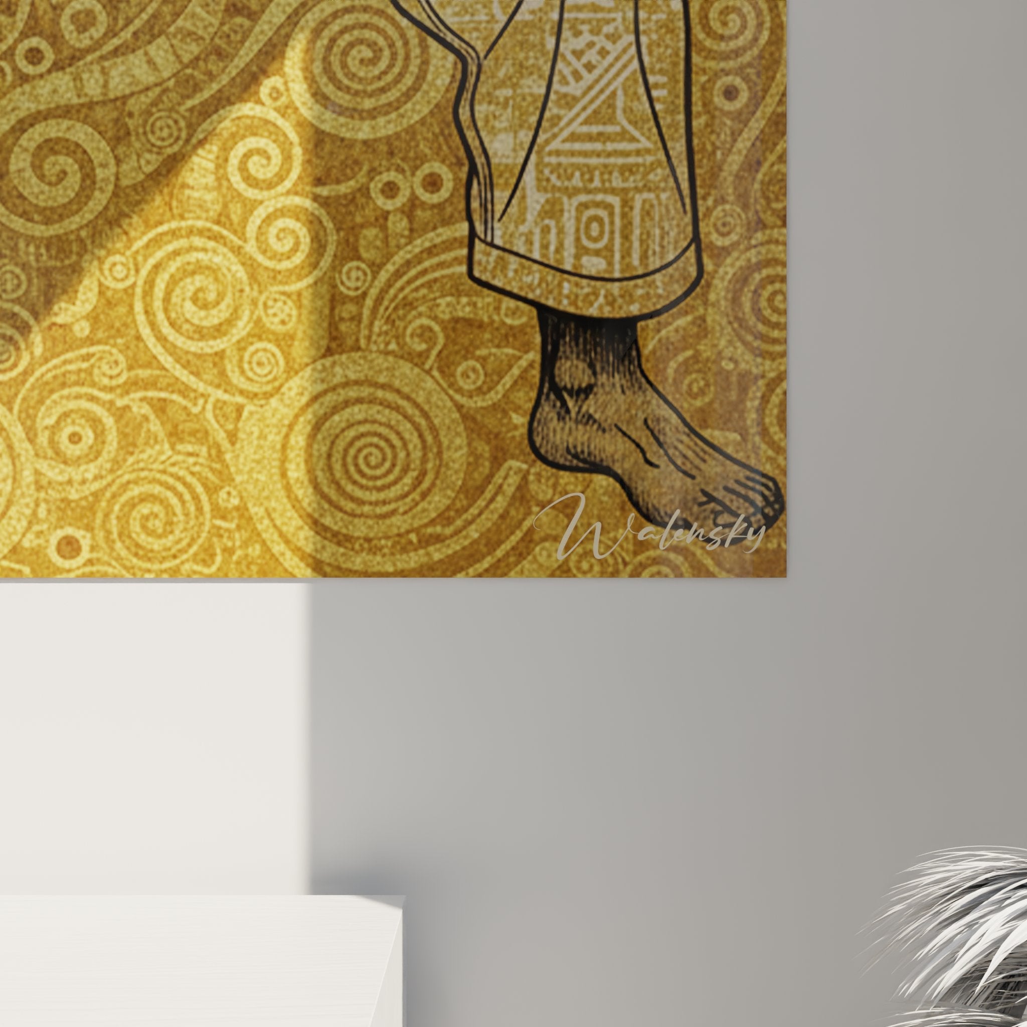 Vue d'ensemble tableau art martial - karatéka en position de garde sur toile décorative dorée