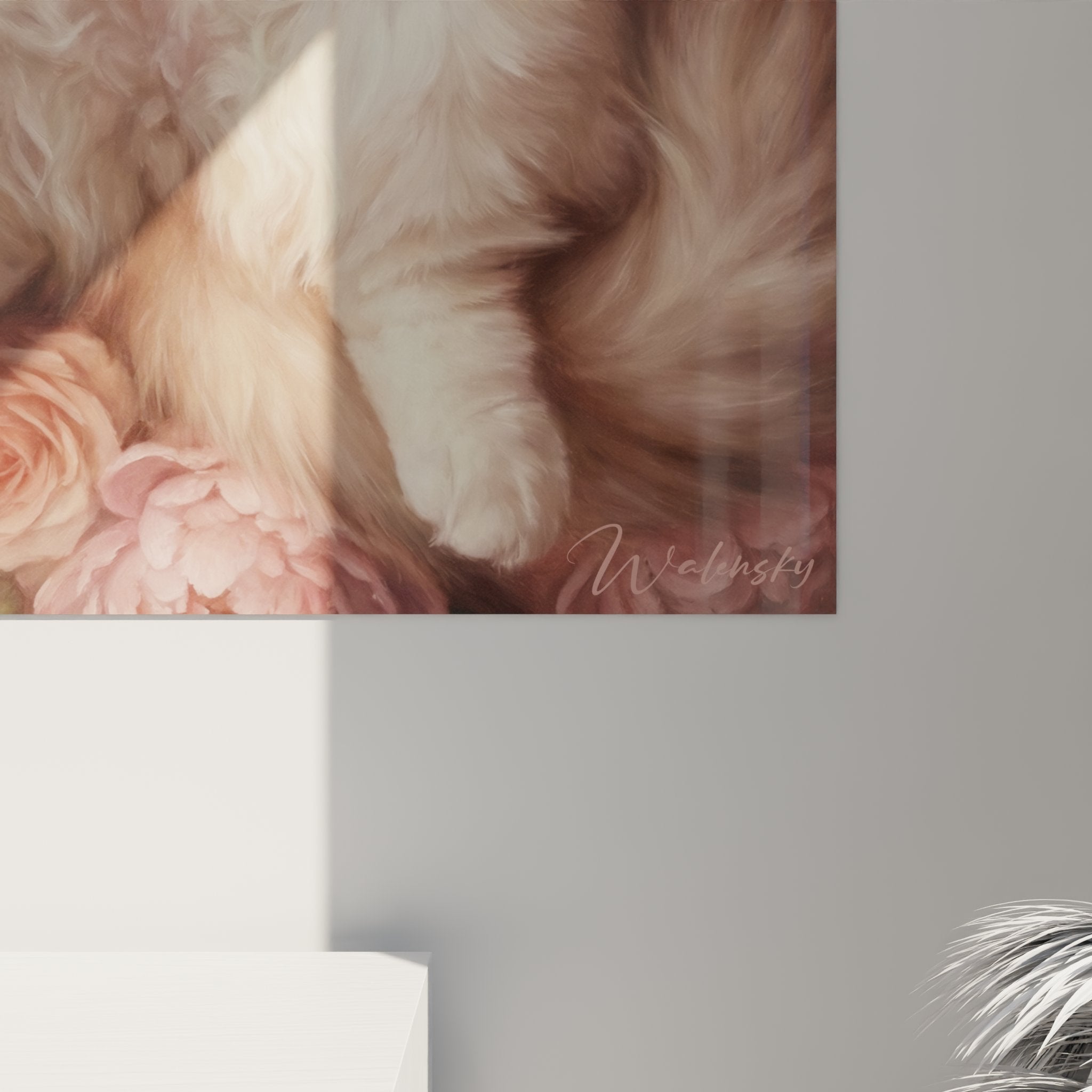 Panoramica quadro murale gatto Ragamuffin floreale, arte decorativa felina toni rosa polvere