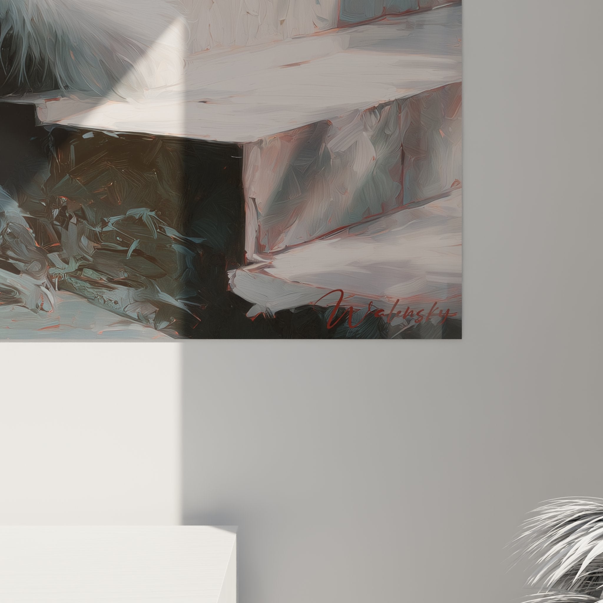 Overview wall art painting Turkish Angora cat contemplation blooming zen garden elegant interior decoration