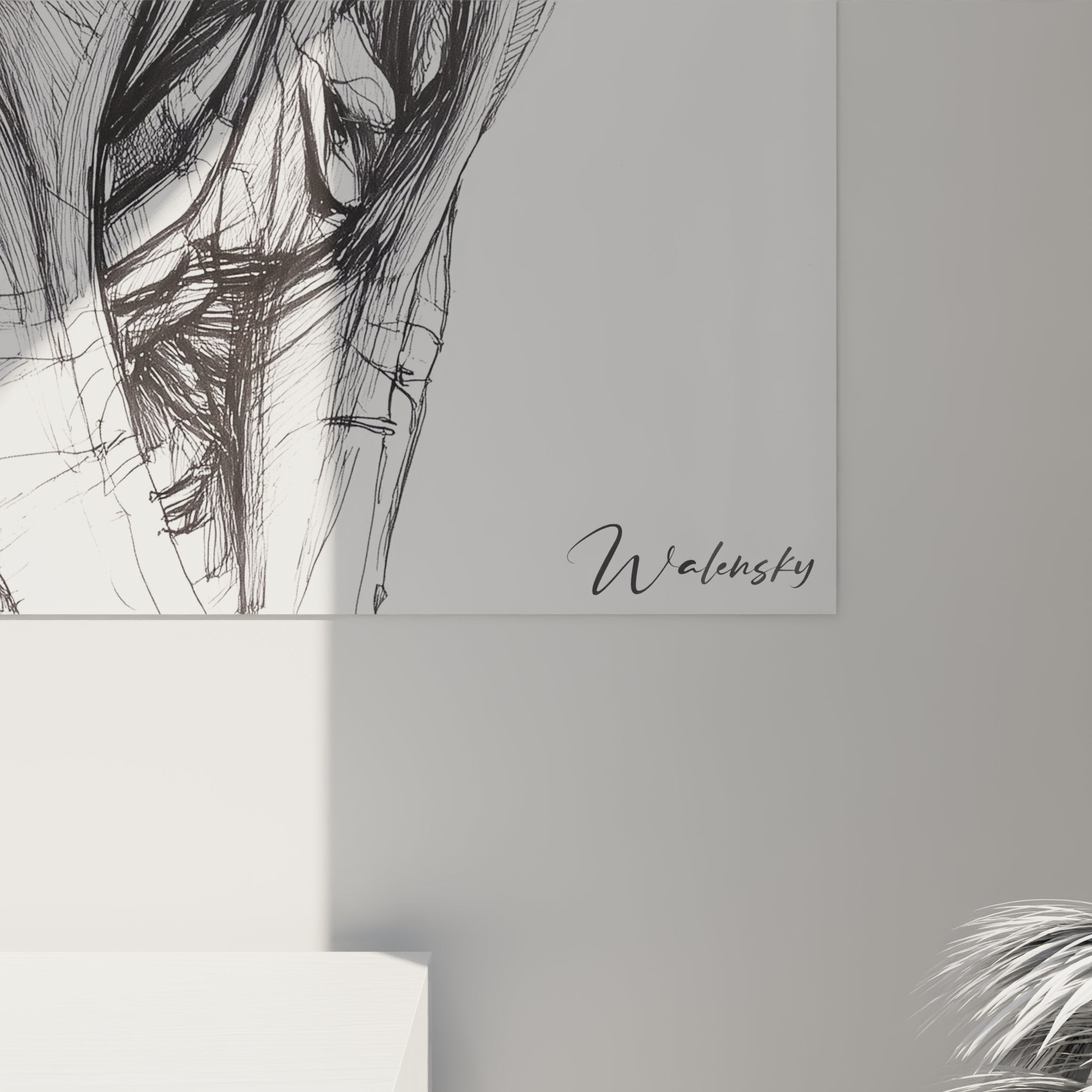 Vue d'ensemble tableau mural chat Sphynx esquisse dans salon moderne, décoration murale élégante