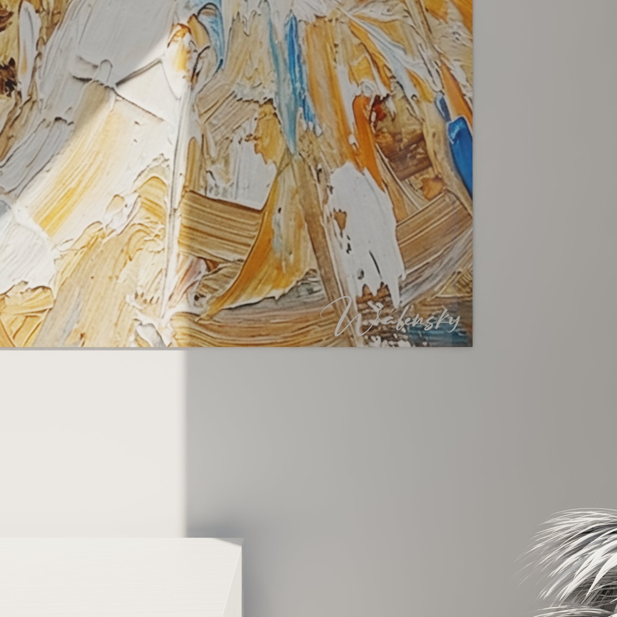 Vue ensemble tableau mural chat Ocicat impasto decoration interieur moderne art contemporain felin dore