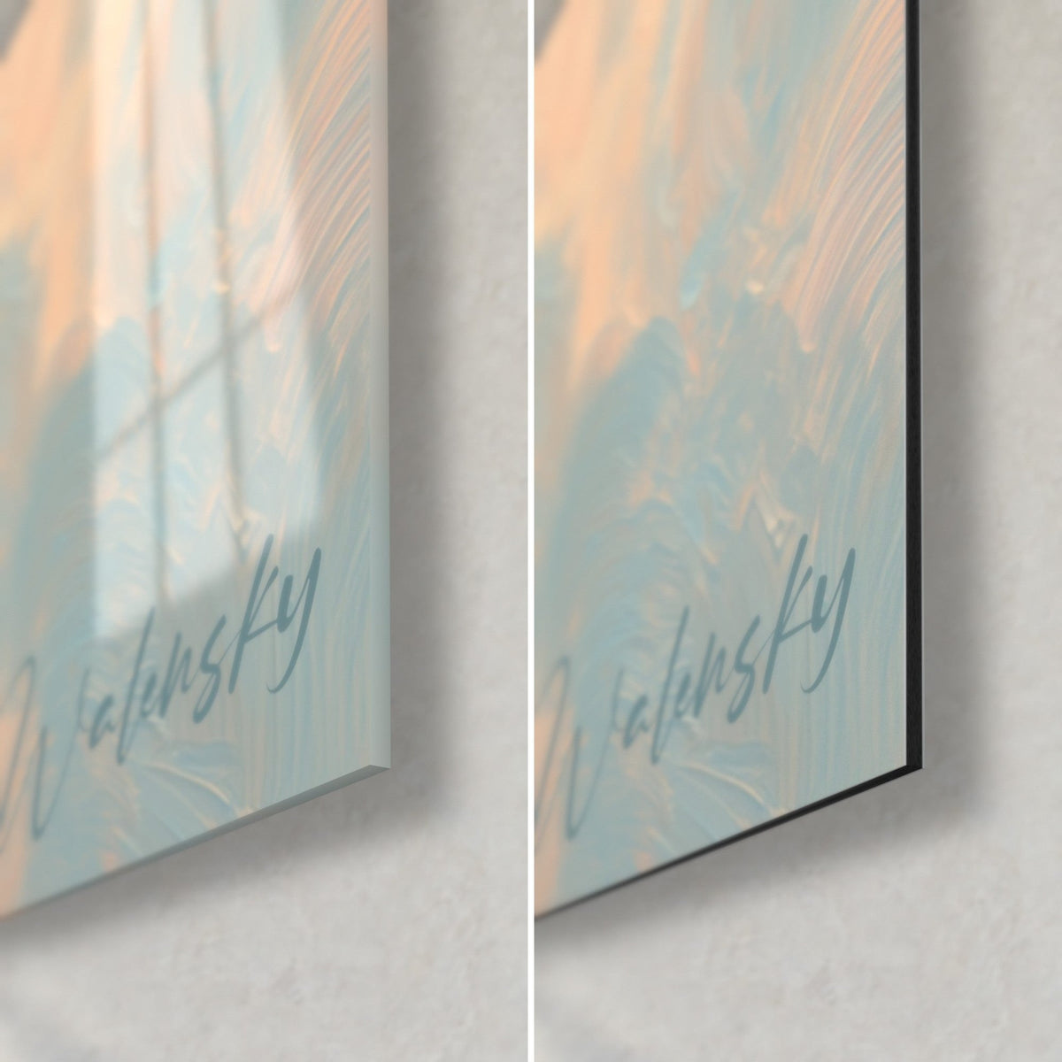 Tableau minet tonkinais en pâte à l'huile bleu ciel et rose, coin bas droit : verre brillant reflétant, Dibond mat noir, tranche de 3 mm