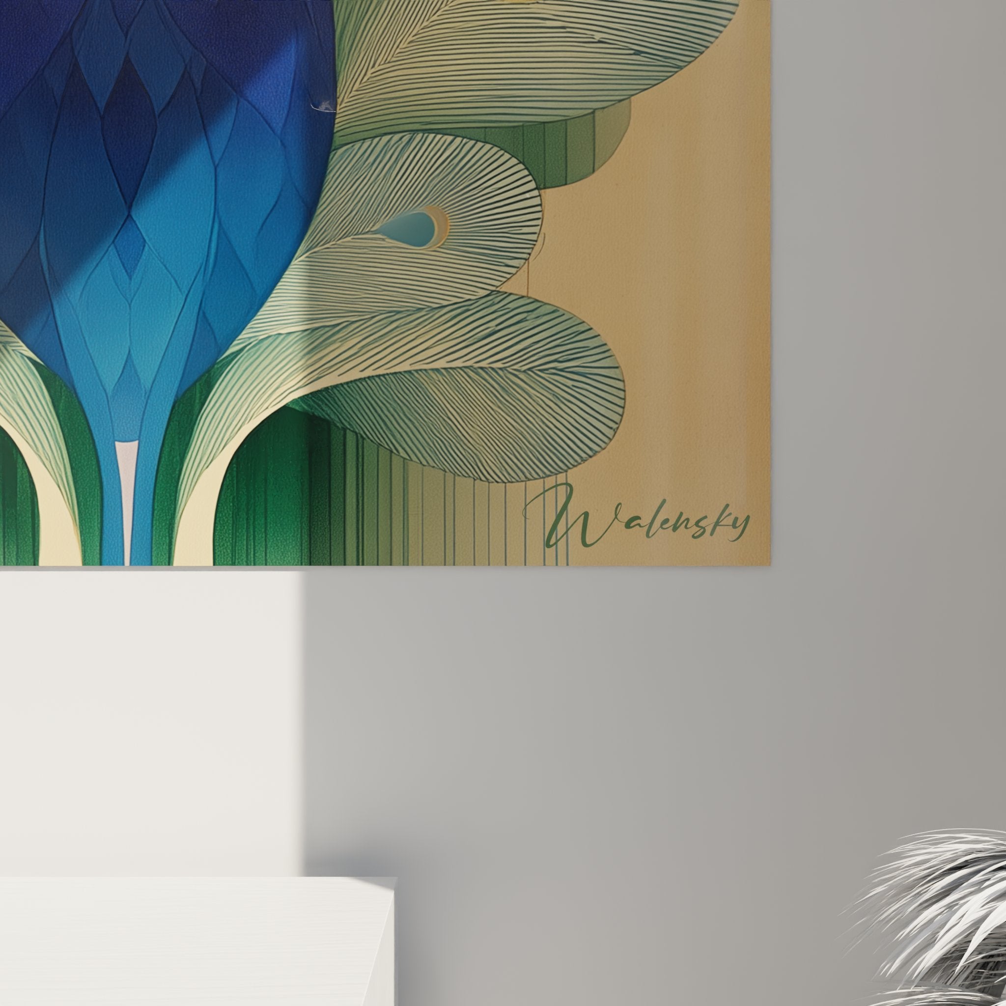 Vue d'ensemble du tableau paon art déco montrant la composition géométrique et les couleurs sophistiquées