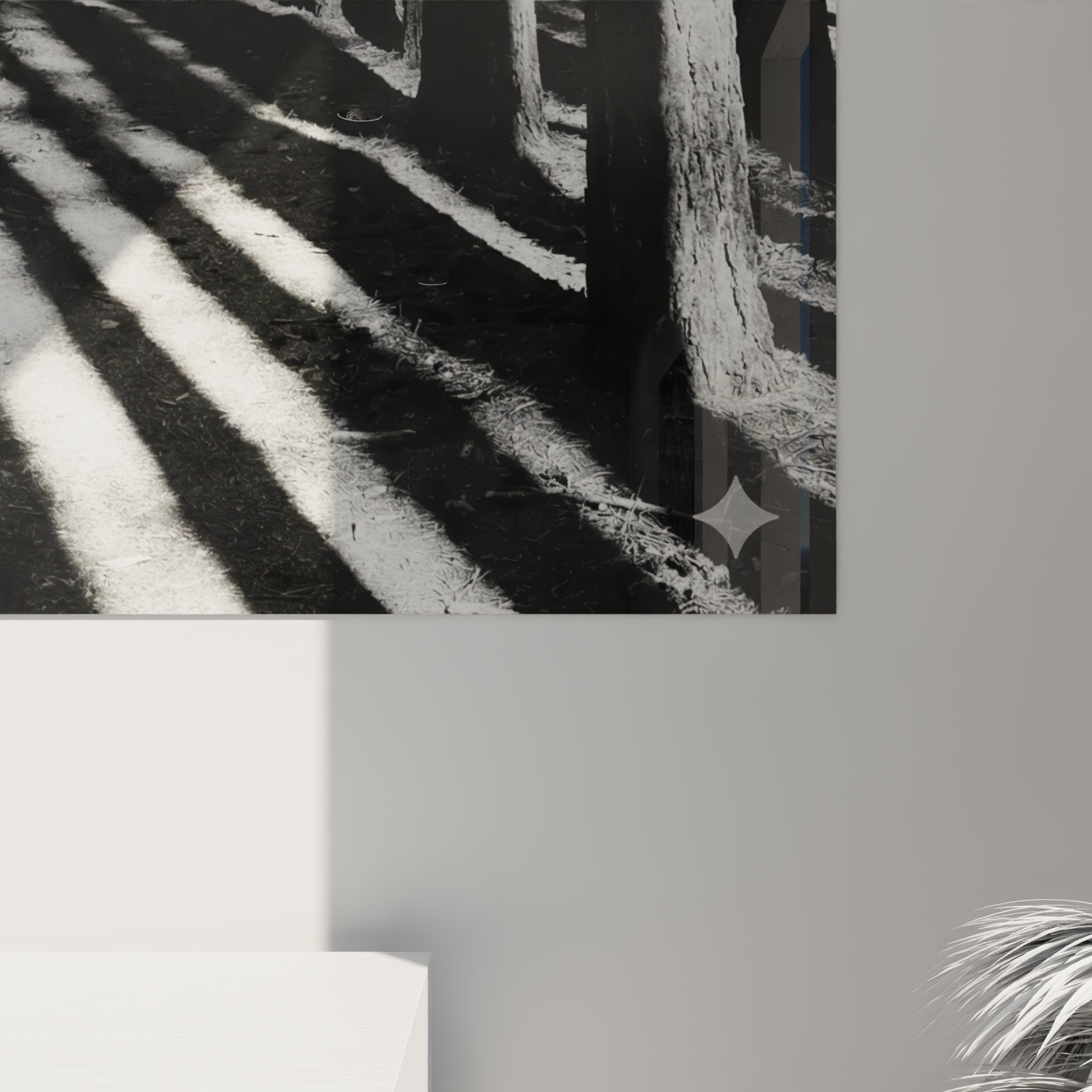 Vue d'ensemble tableau mural VTT en foret noir et blanc avec vetetiste silhouette dans la nature