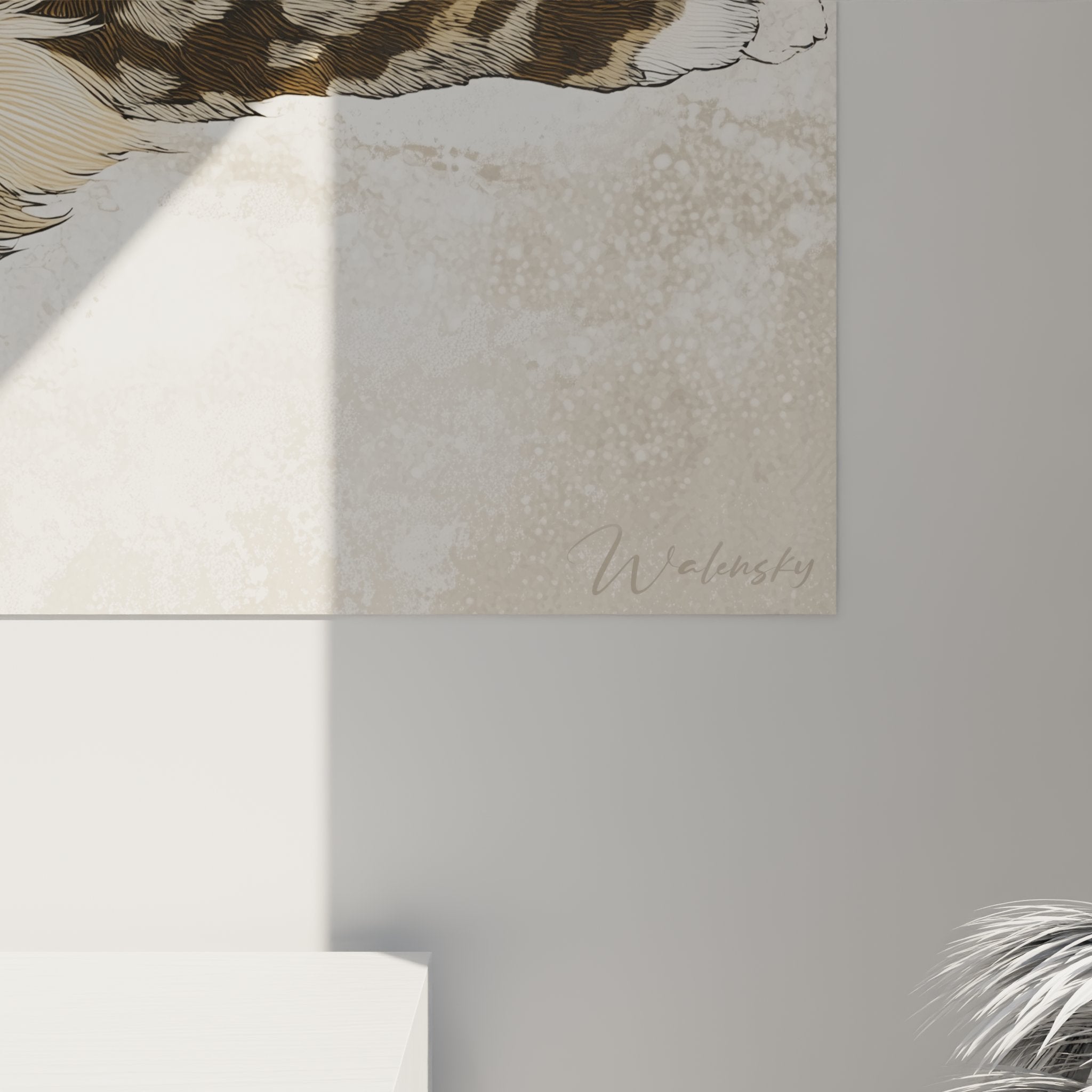 Overhead view of Siberian cat wall painting under cherry blossoms in a modern and elegant interior