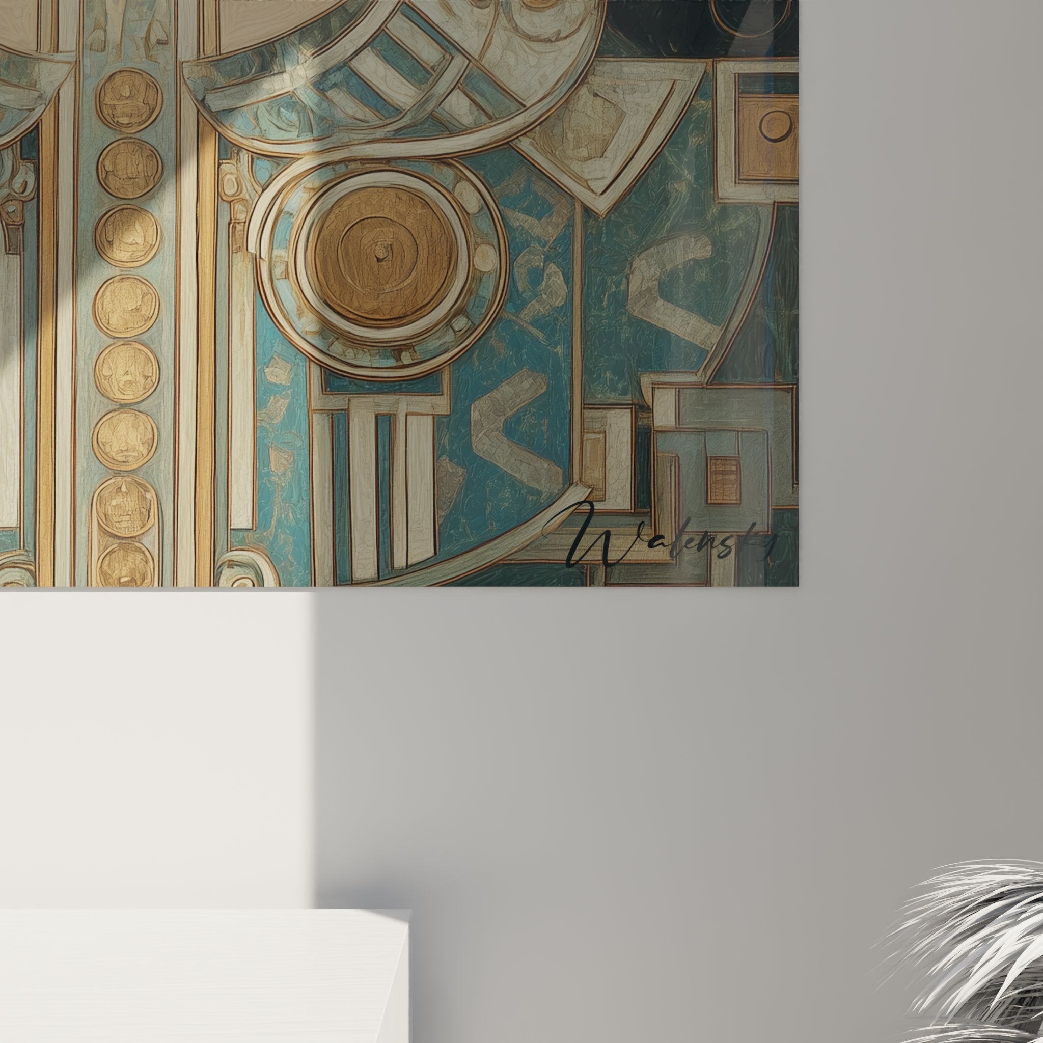 Overview wall art portrait art deco woman byzantine ornaments golden architectural details deep blue