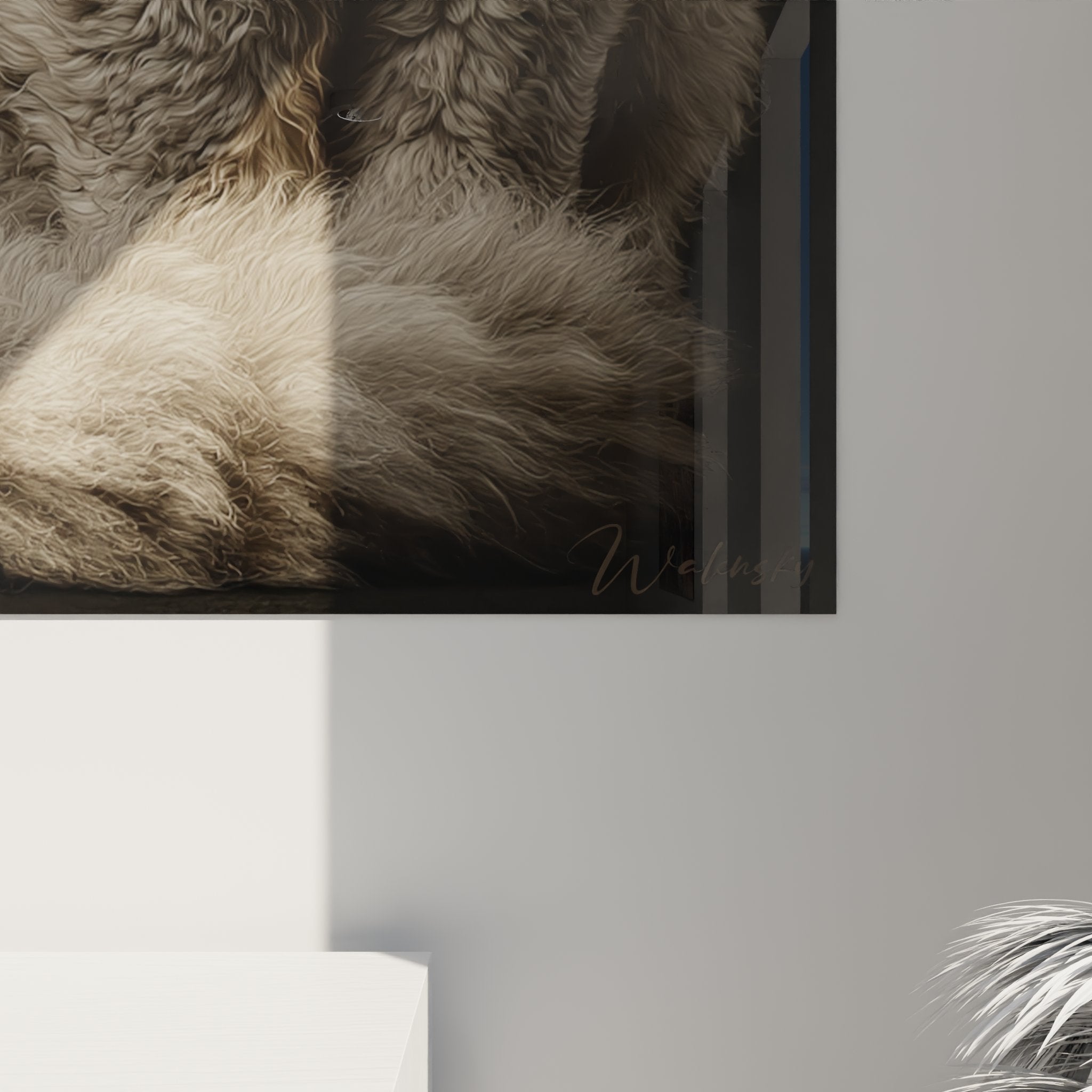 Perspektivische Ansicht Gemälde Selkirk Rex Katze künstlerisches Porträt Wand Wohnzimmer zeitgenössische Wanddekoration