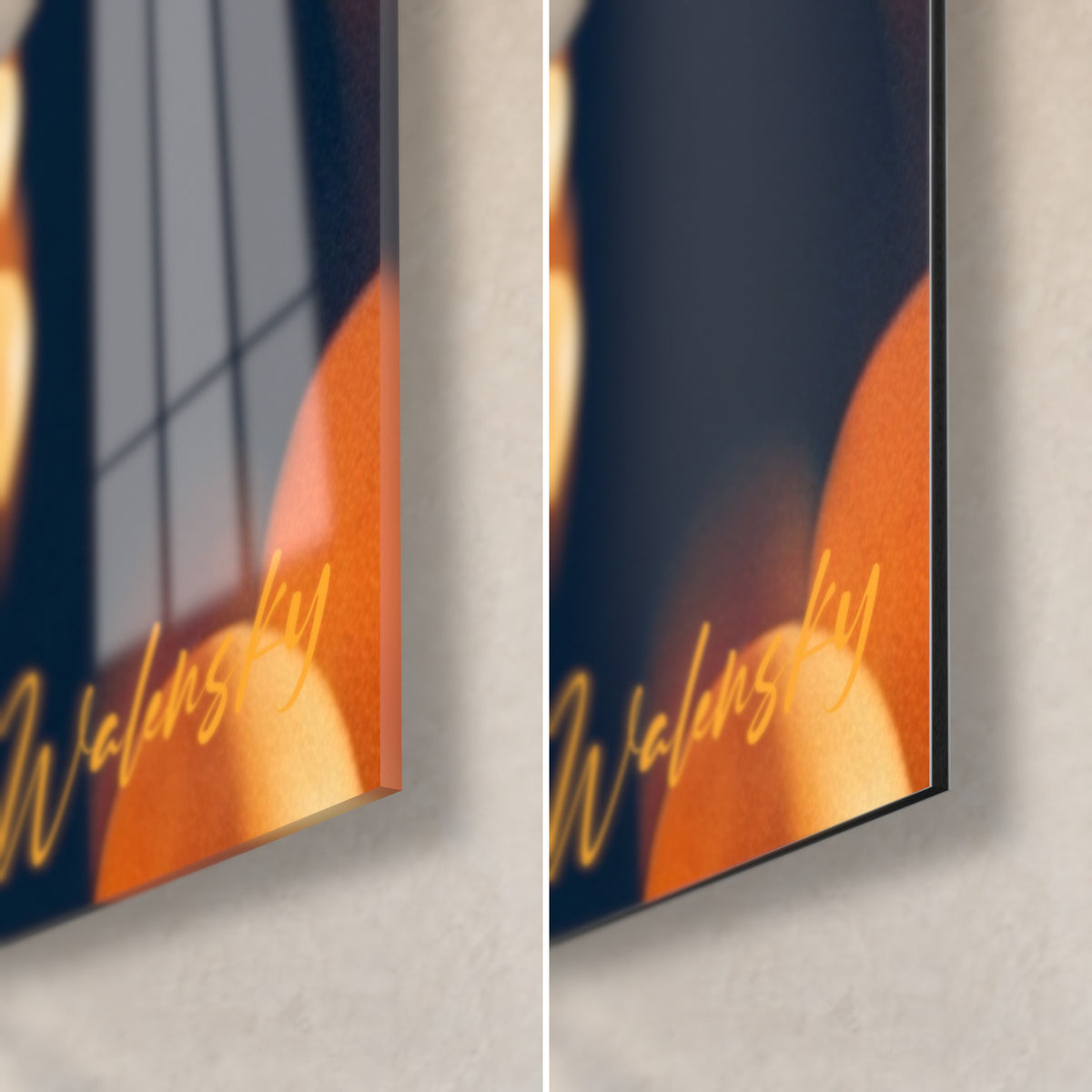 Cuadro con pelotas de ping-pong naranjas desenfocadas, esquina inferior derecha, firma dorada, cristal brillante a la izquierda y Dibond mate a la derecha