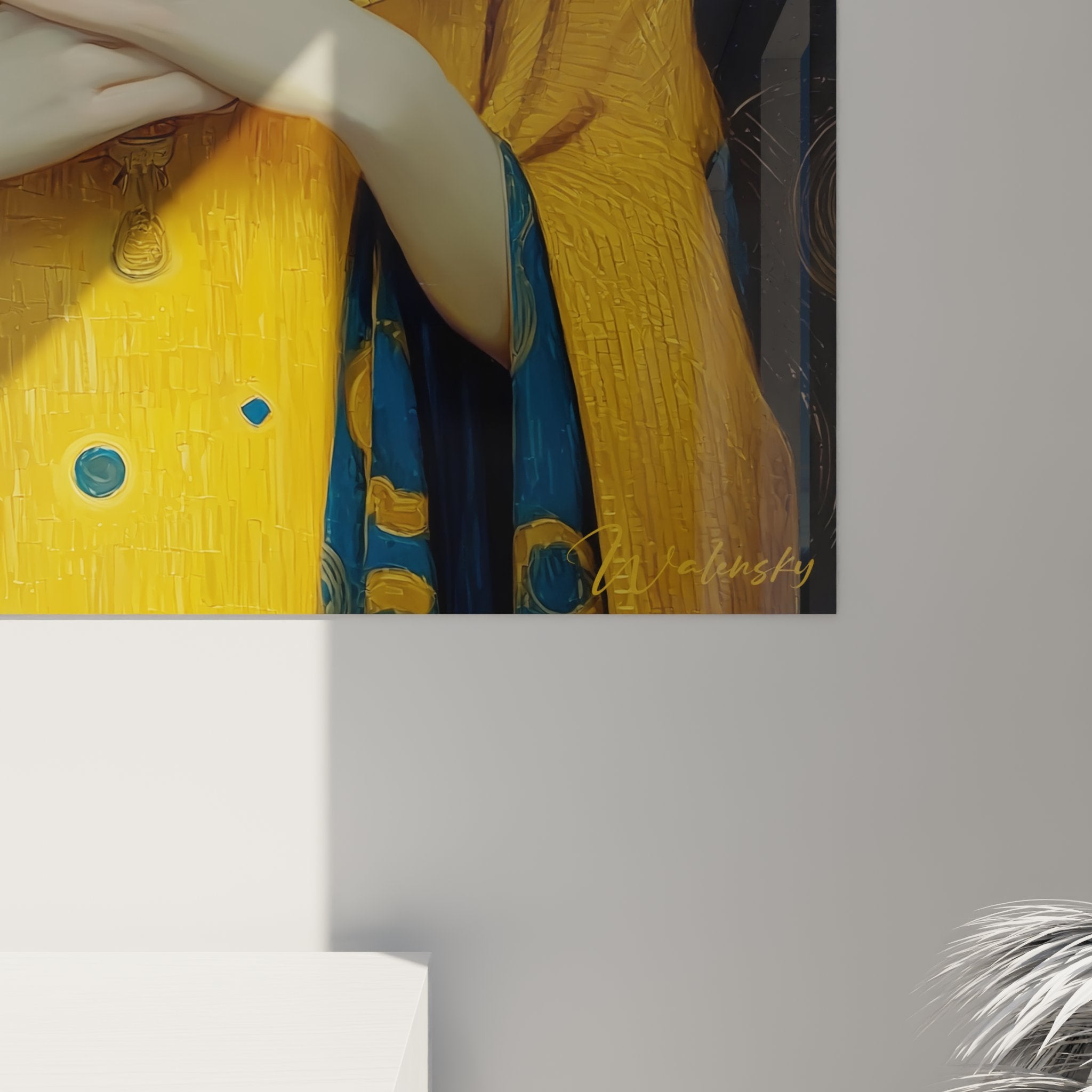 Overview of Art Deco wall art depicting Oriental woman, gold and blue palette for modern home decor