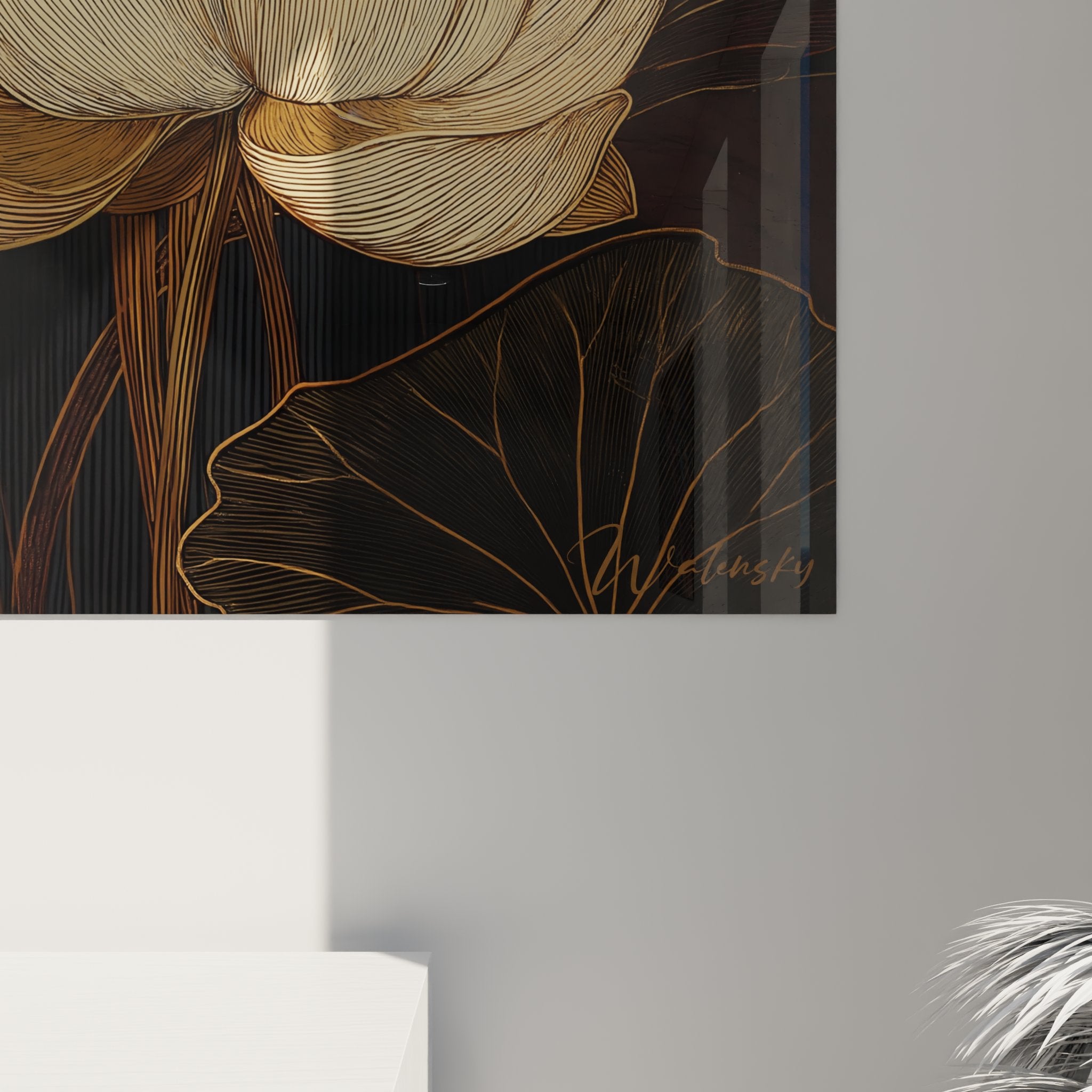 Perspective view of lotus art deco wall painting showing decorative rendering and elegance