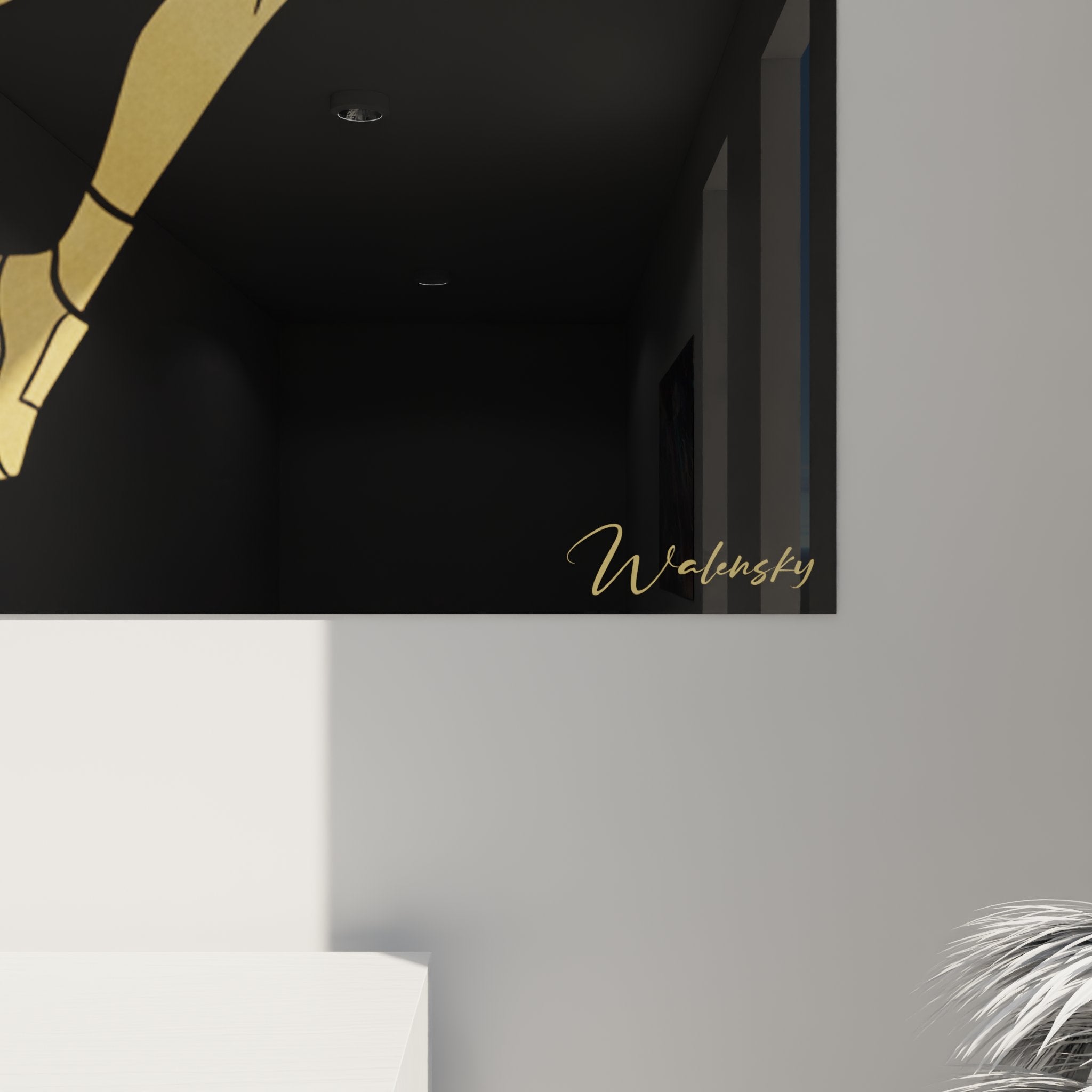 Perspective view of golden tennis wall art, elegant sports decoration for living room or office