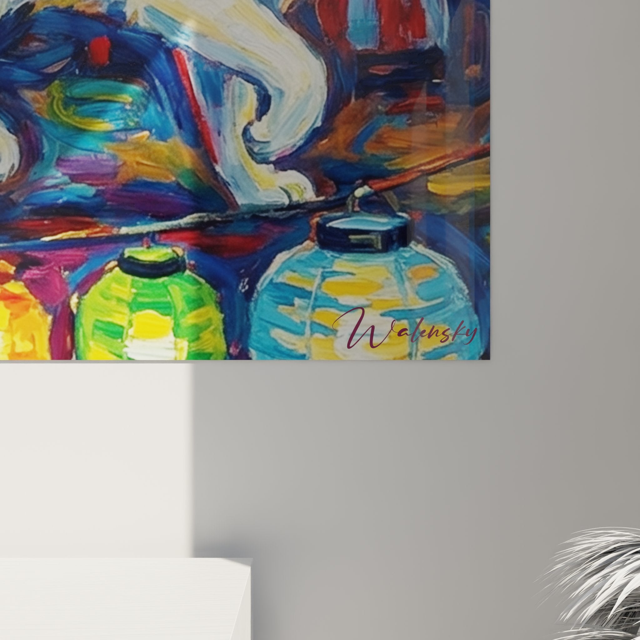 Vue ensemble tableau mural chat lanternes japonaises ciel tourbillonnant bleu decoration interieure