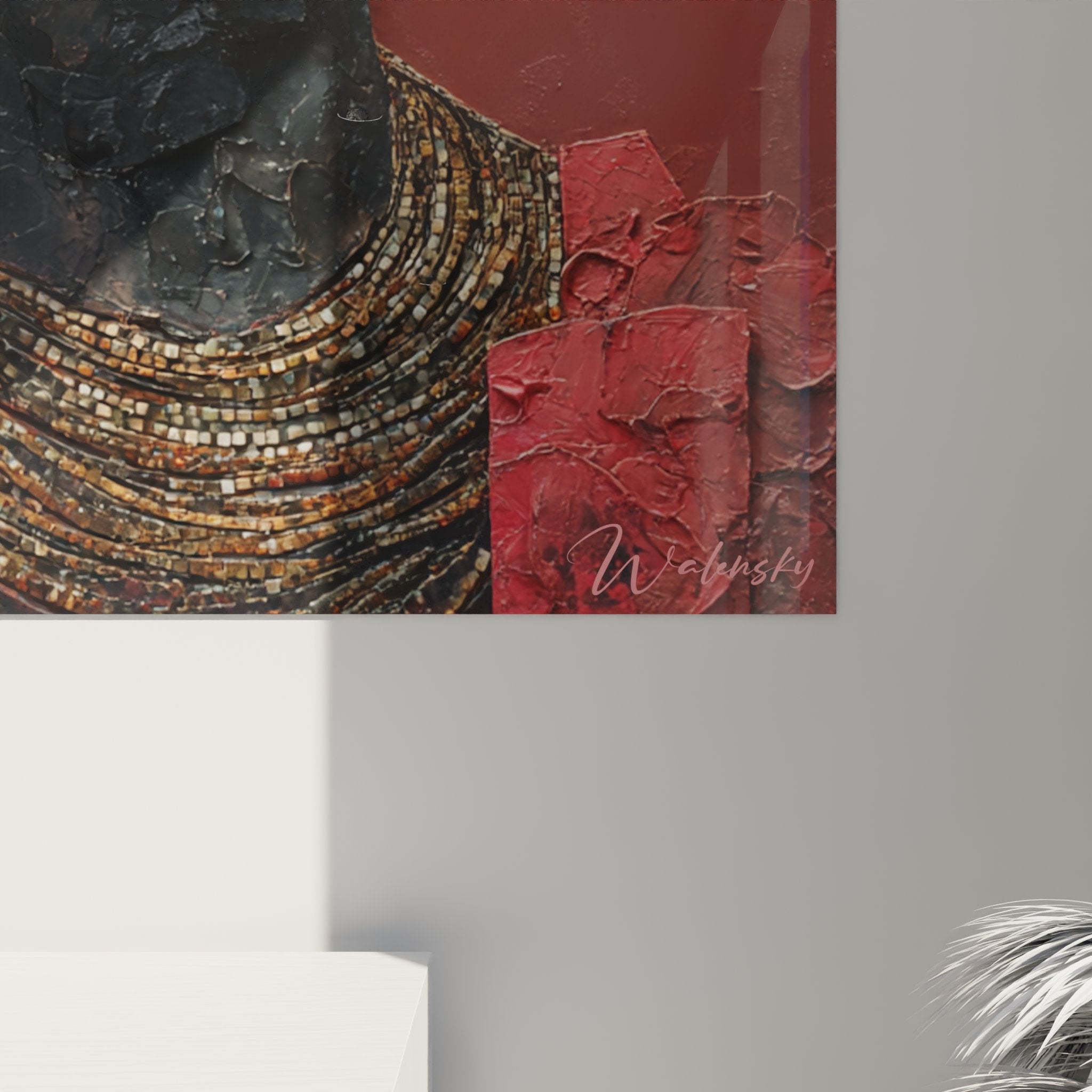 Vista d'insieme quadro murale donna africana, arte contemporanea con effetto 3D petali rosa