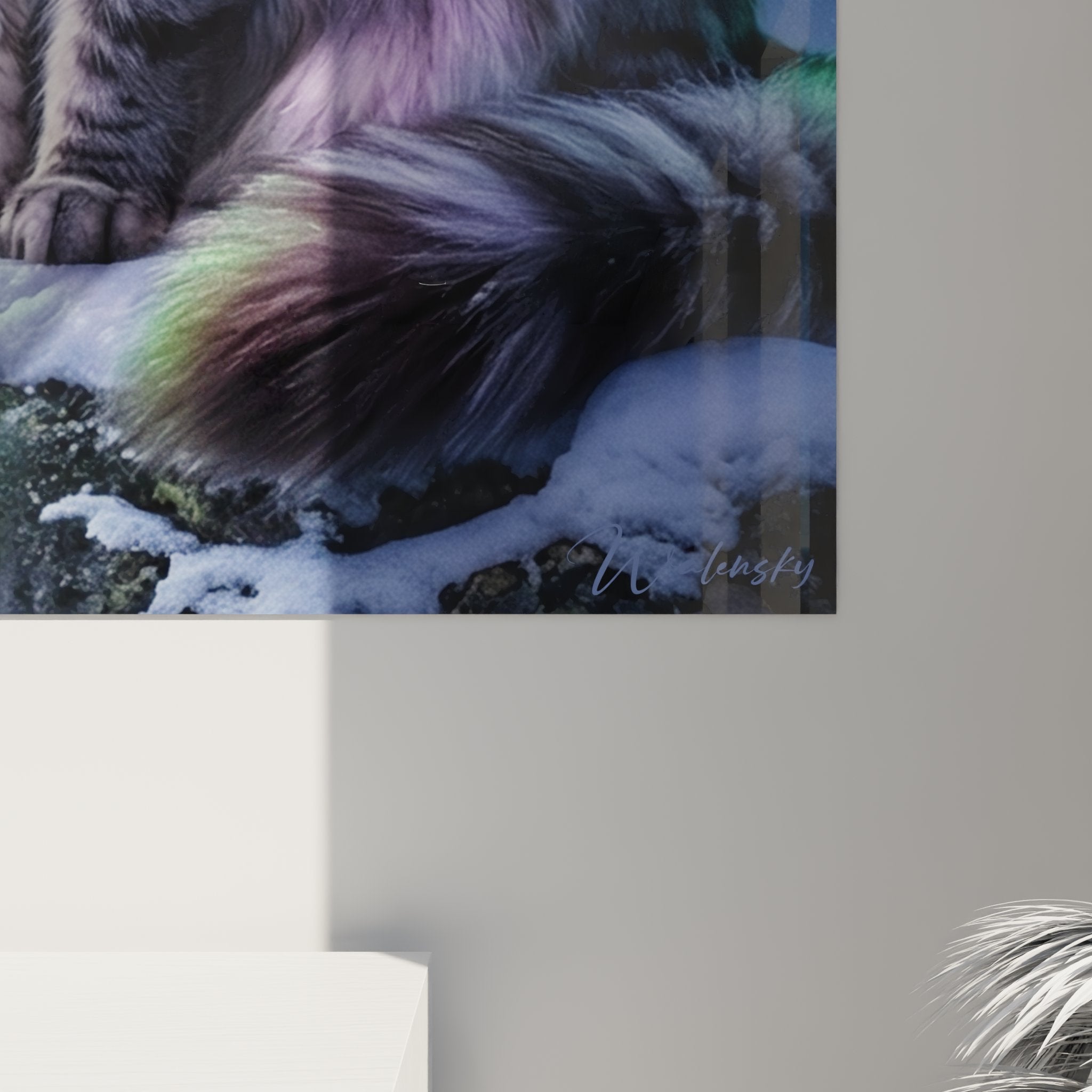 Perspective view Norwegian Forest Cat aurora borealis wall art interior decoration Nordic style animal artwork
