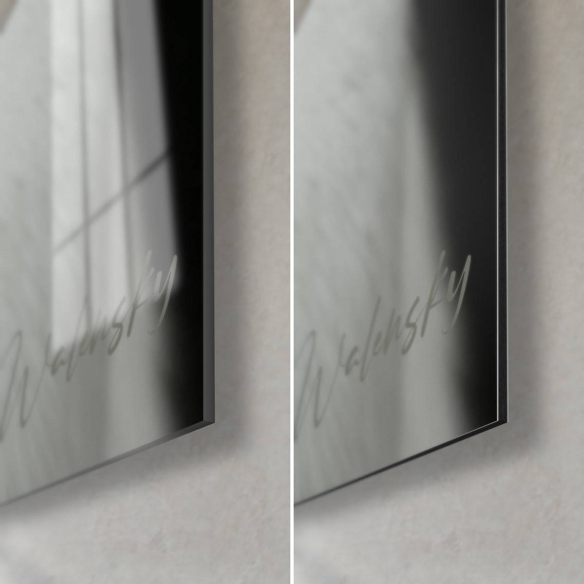 Gemälde weiße Katze im Porträt, untere rechte Ecke: glänzendes Acrylglas mit Reflexen, mattschwarzes Alu-Dibond, 3 mm Kante