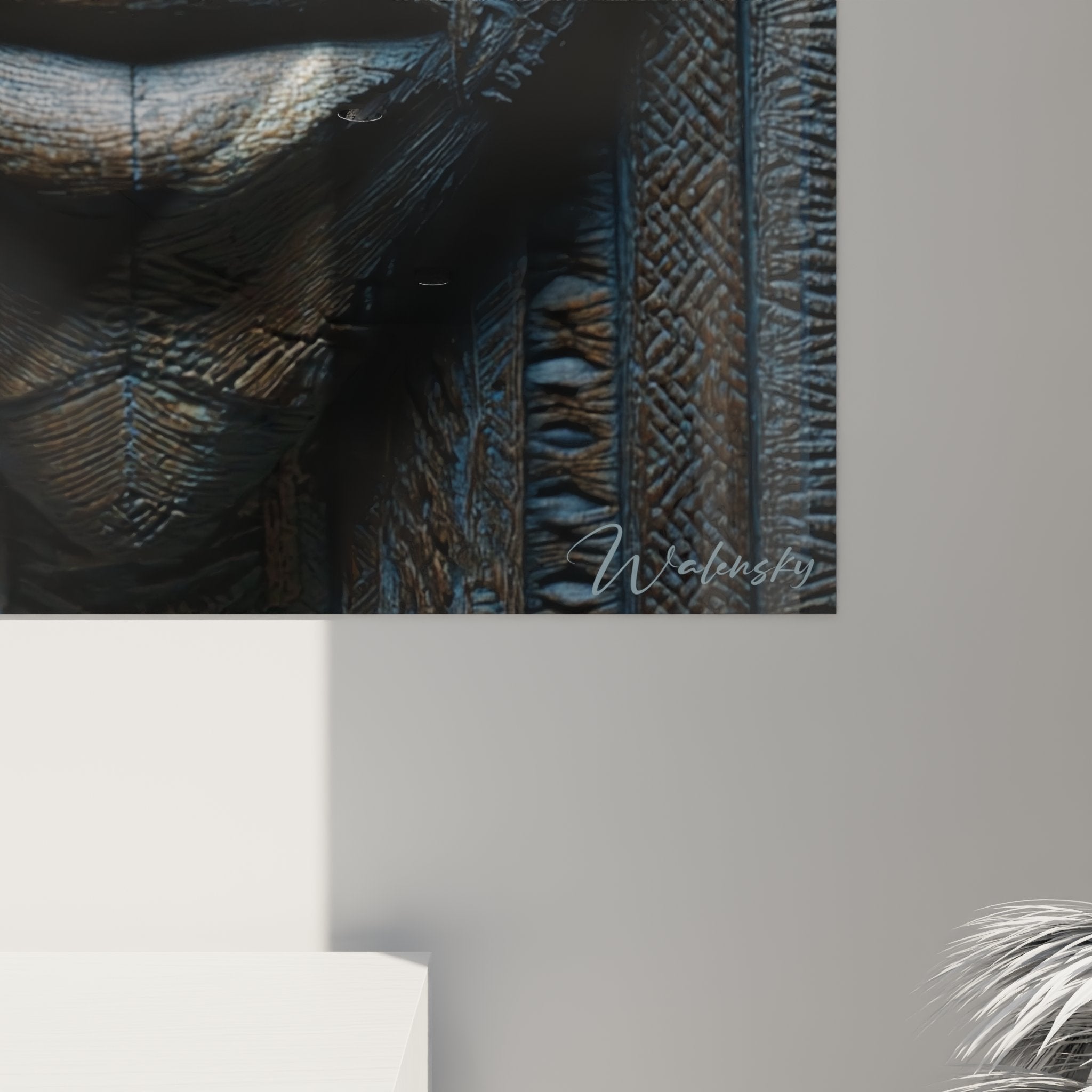 Vista prospettica del quadro maschera africana murale con effetti ombra e rilievi scolpiti